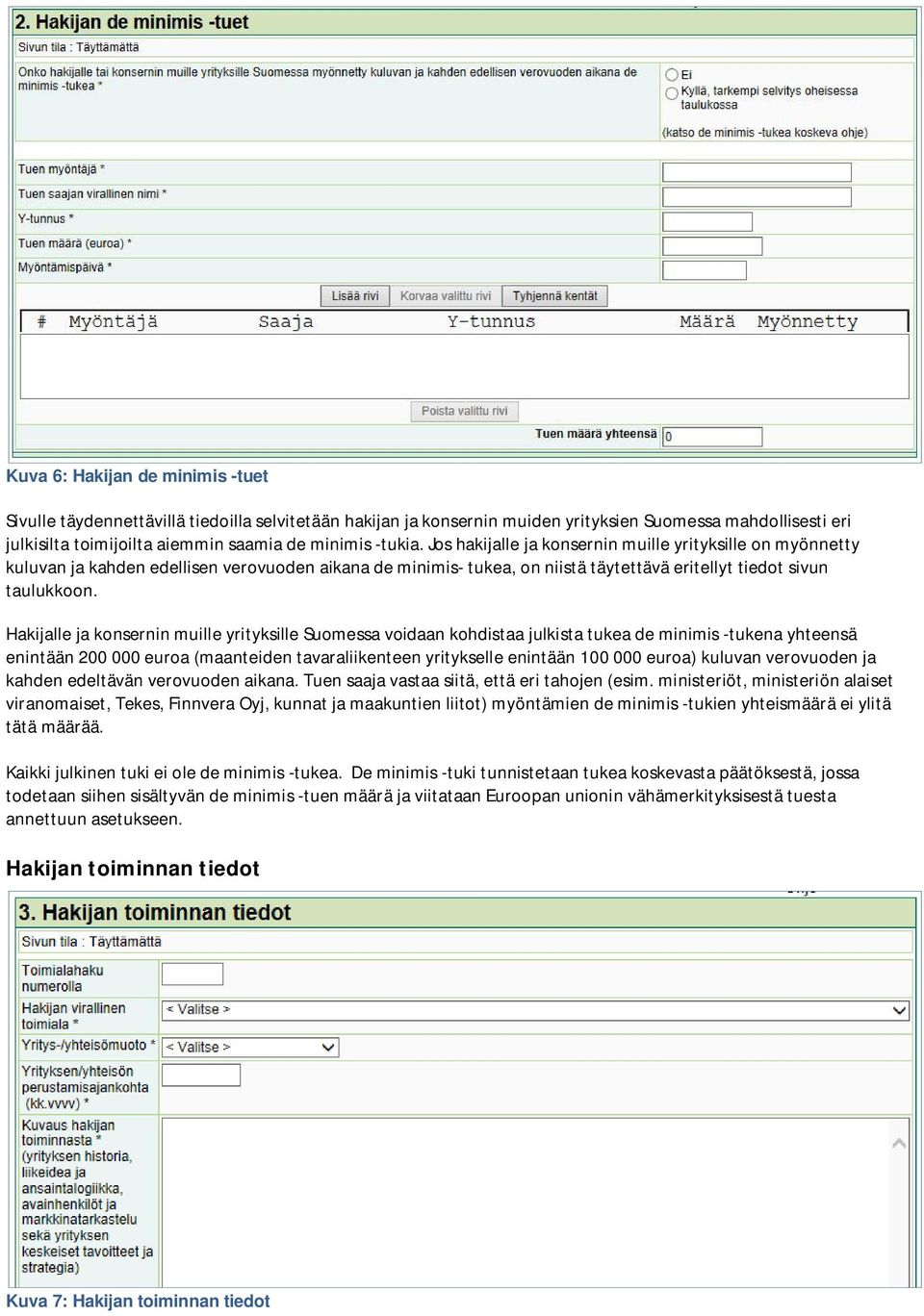 Hakijalle ja konsernin muille yrityksille Suomessa voidaan kohdistaa julkista tukea de minimis -tukena yhteensä enintään 200 000 euroa (maanteiden tavaraliikenteen yritykselle enintään 100 000 euroa)