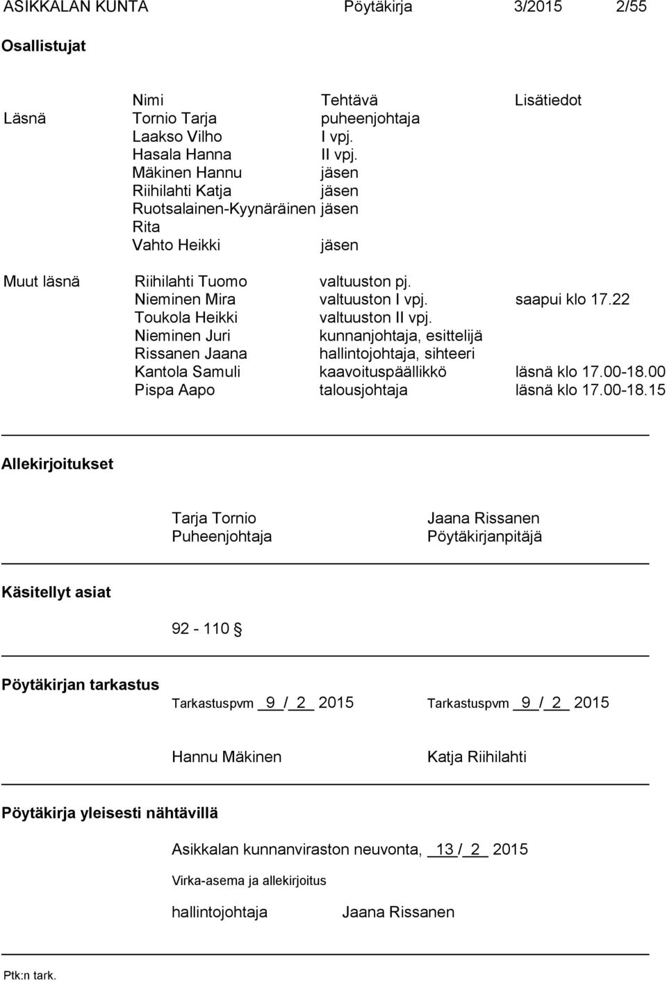 22 Toukola Heikki valtuuston II vpj. Nieminen Juri kunnanjohtaja, esittelijä Rissanen Jaana hallintojohtaja, sihteeri Kantola Samuli kaavoituspäällikkö läsnä klo 17.00-18.