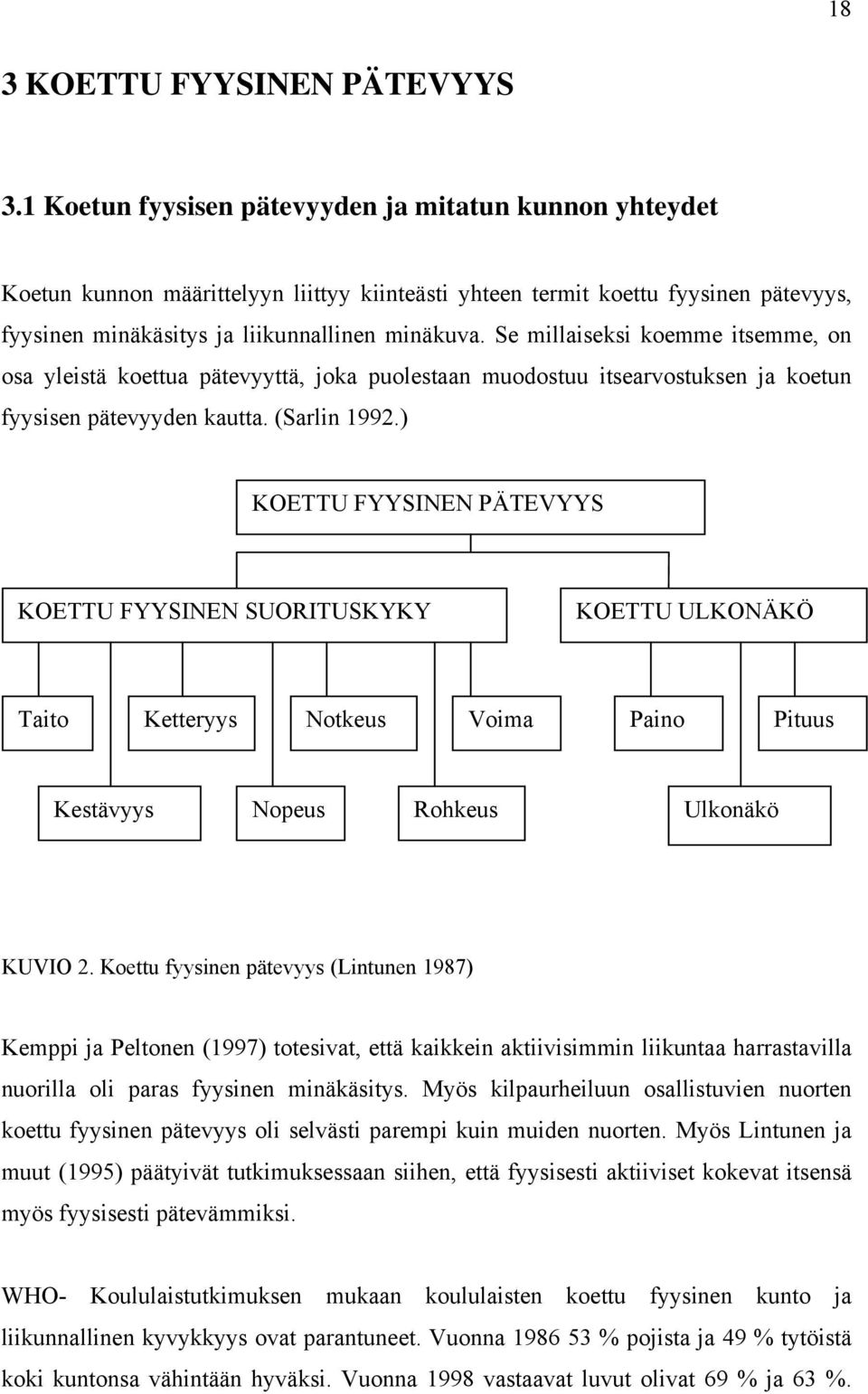Se millaiseksi koemme itsemme, on osa yleistä koettua pätevyyttä, joka puolestaan muodostuu itsearvostuksen ja koetun fyysisen pätevyyden kautta. (Sarlin 1992.