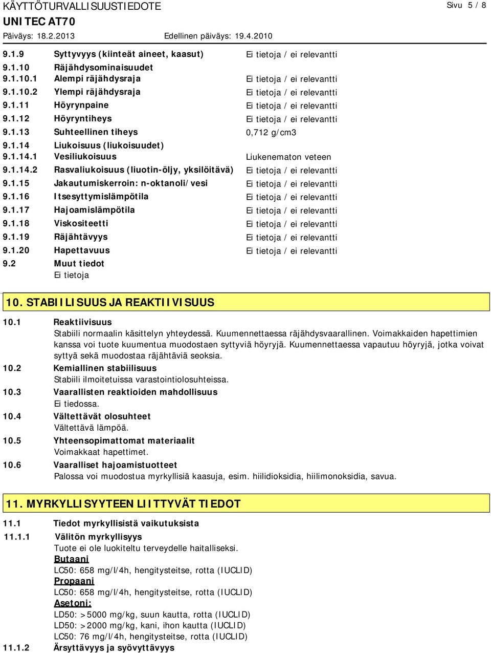 1.14.2 Rasvaliukoisuus (liuotin-öljy, yksilöitävä) Ei tietoja / ei relevantti 9.1.15 Jakautumiskerroin: n-oktanoli/vesi Ei tietoja / ei relevantti 9.1.16 Itsesyttymislämpötila Ei tietoja / ei relevantti 9.