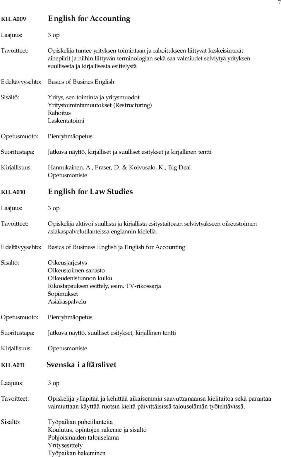 KILA010 Jatkuva näyttö, kirjalliset ja suulliset esitykset ja kirjallinen tentti Hannukainen, A., Fraser, D. & Koivusalo, K.