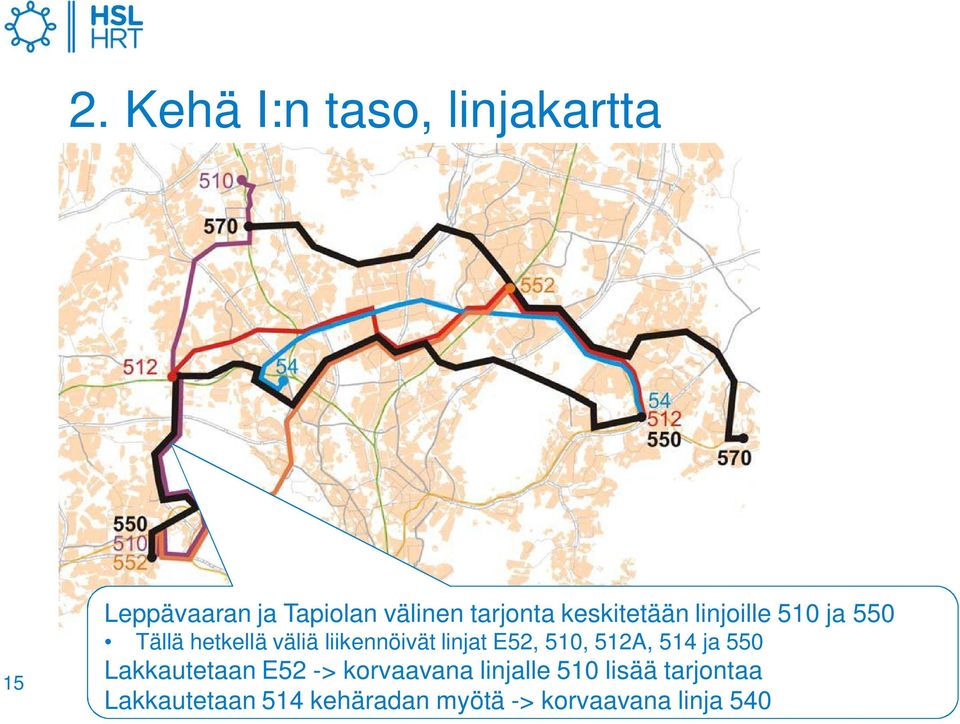 liikennöivät linjat E52, 510, 512A, 514 ja 550 Lakkautetaan E52 ->