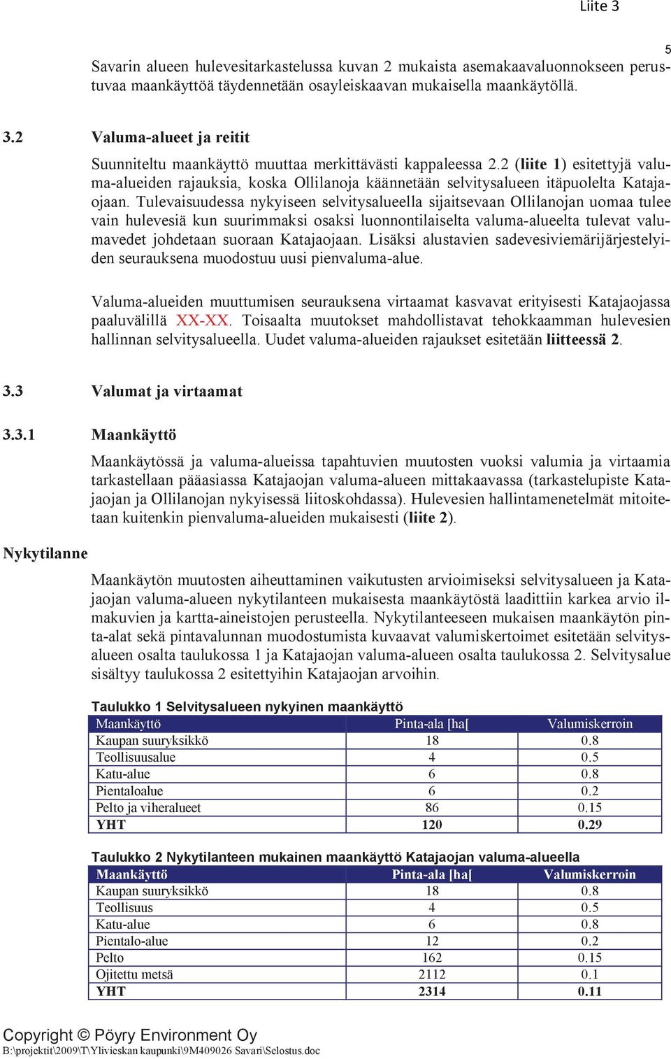 2 (liite 1) esitettyjä valuma-alueiden rajauksia, koska Ollilanoja käännetään selvitysalueen itäpuolelta Katajaojaan.