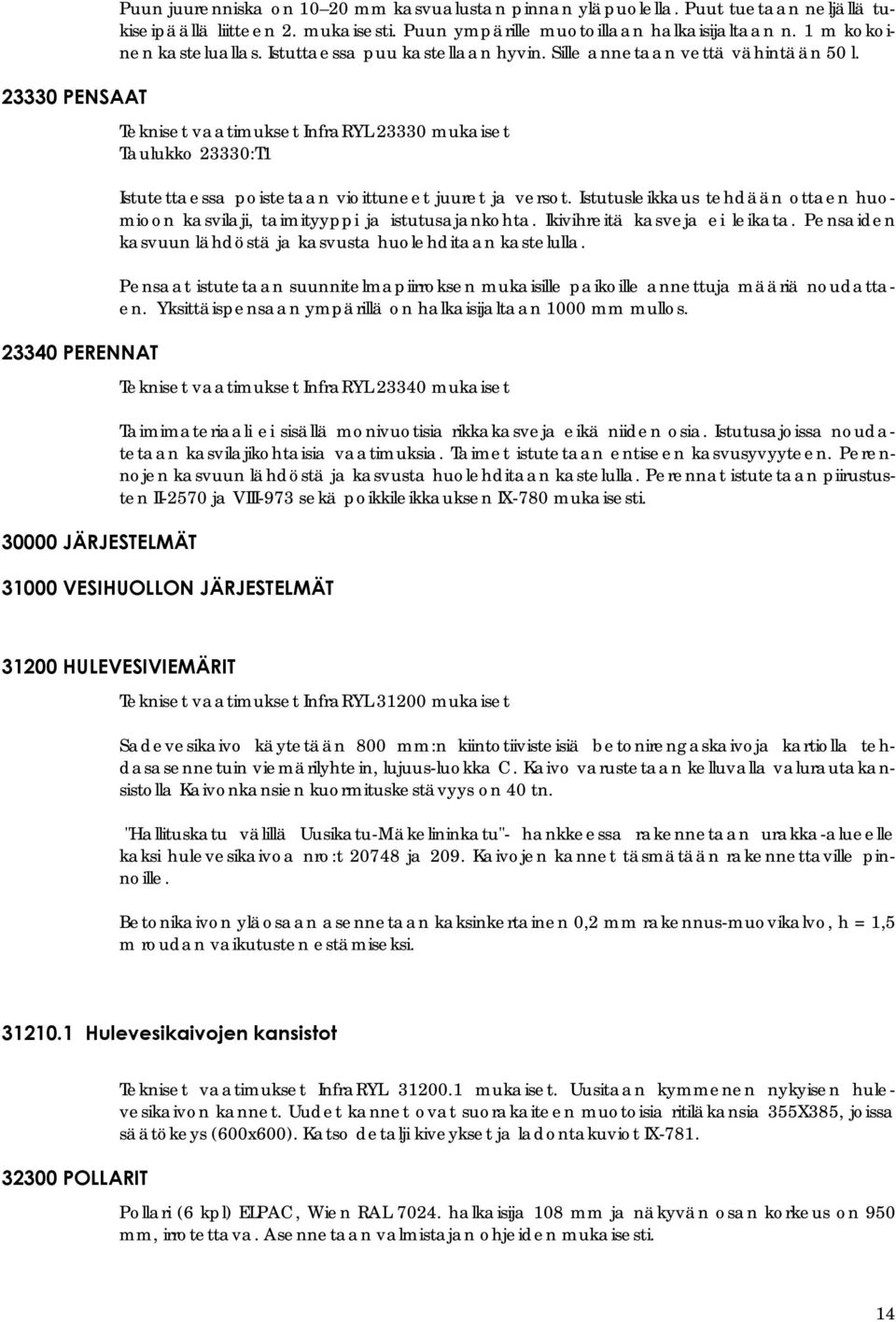 Tekniset vaatimukset InfraRYL 23330 mukaiset Taulukko 23330:T1 Istutettaessa poistetaan vioittuneet juuret ja versot.