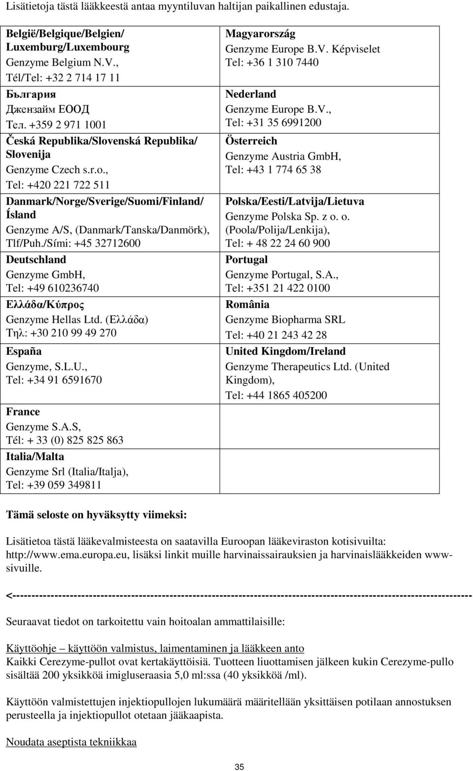 /Sími: +45 32712600 Deutschland Genzyme GmbH, Tel: +49 610236740 Ελλάδα/Κύπρος Genzyme Hellas Ltd. (Ελλάδα) Τηλ: +30 210 99 49 270 España Genzyme, S.L.U., Tel: +34 91 6591670 France Genzyme S.A.