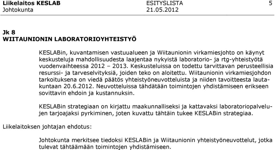 Wiitaunionin virkamiesjohdon tarkoituksena on viedä päätös yhteistyöneuvotteluista ja niiden tavoitteesta lautakuntaan 20.6.2012.