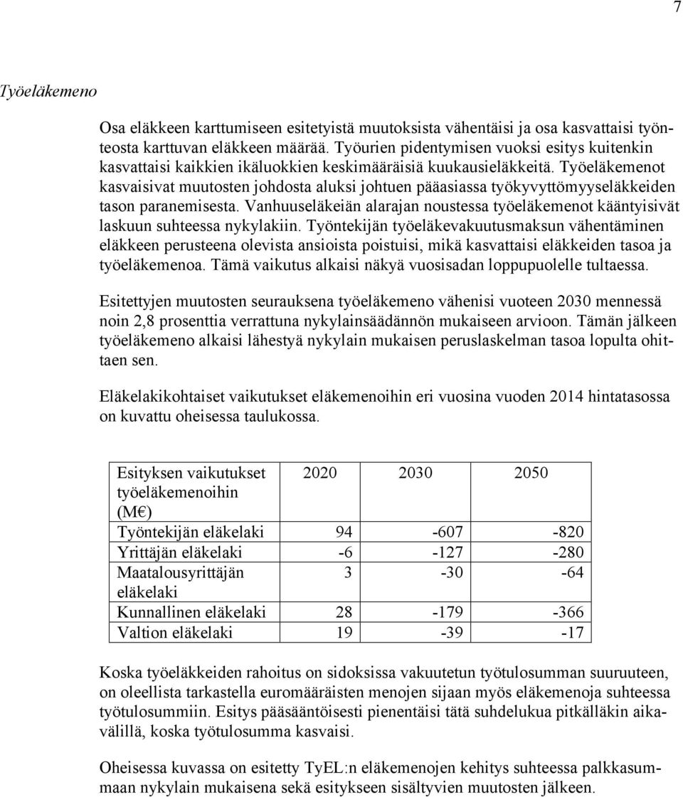 Työeläkemenot kasvaisivat muutosten johdosta aluksi johtuen pääasiassa työkyvyttömyyseläkkeiden tason paranemisesta.