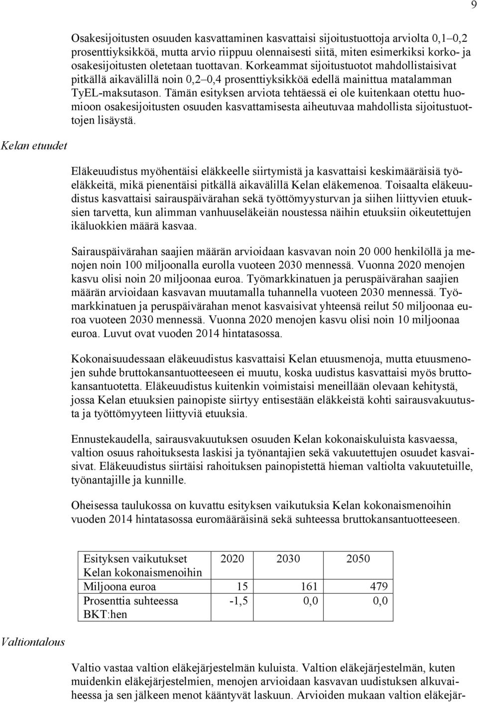 Tämän esityksen arviota tehtäessä ei ole kuitenkaan otettu huomioon osakesijoitusten osuuden kasvattamisesta aiheutuvaa mahdollista sijoitustuottojen lisäystä.