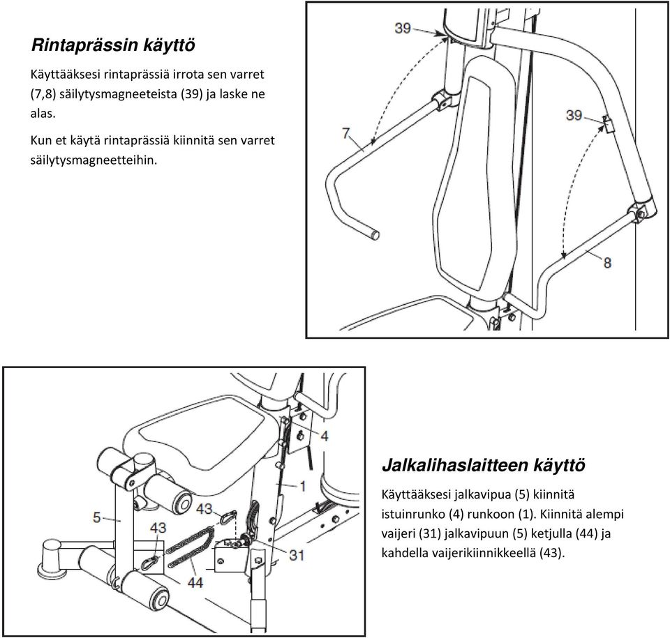 Jalkalihaslaitteen käyttö Käyttääksesi jalkavipua (5) kiinnitä istuinrunko (4) runkoon (1).