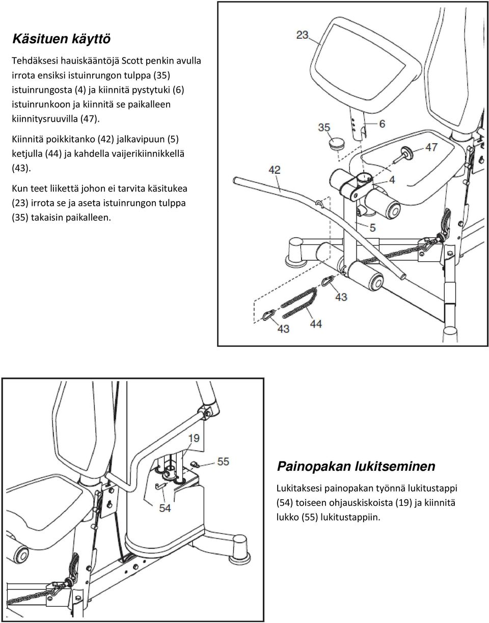 Kiinnitä poikkitanko (42) jalkavipuun (5) ketjulla (44) ja kahdella vaijerikiinnikkellä (43).