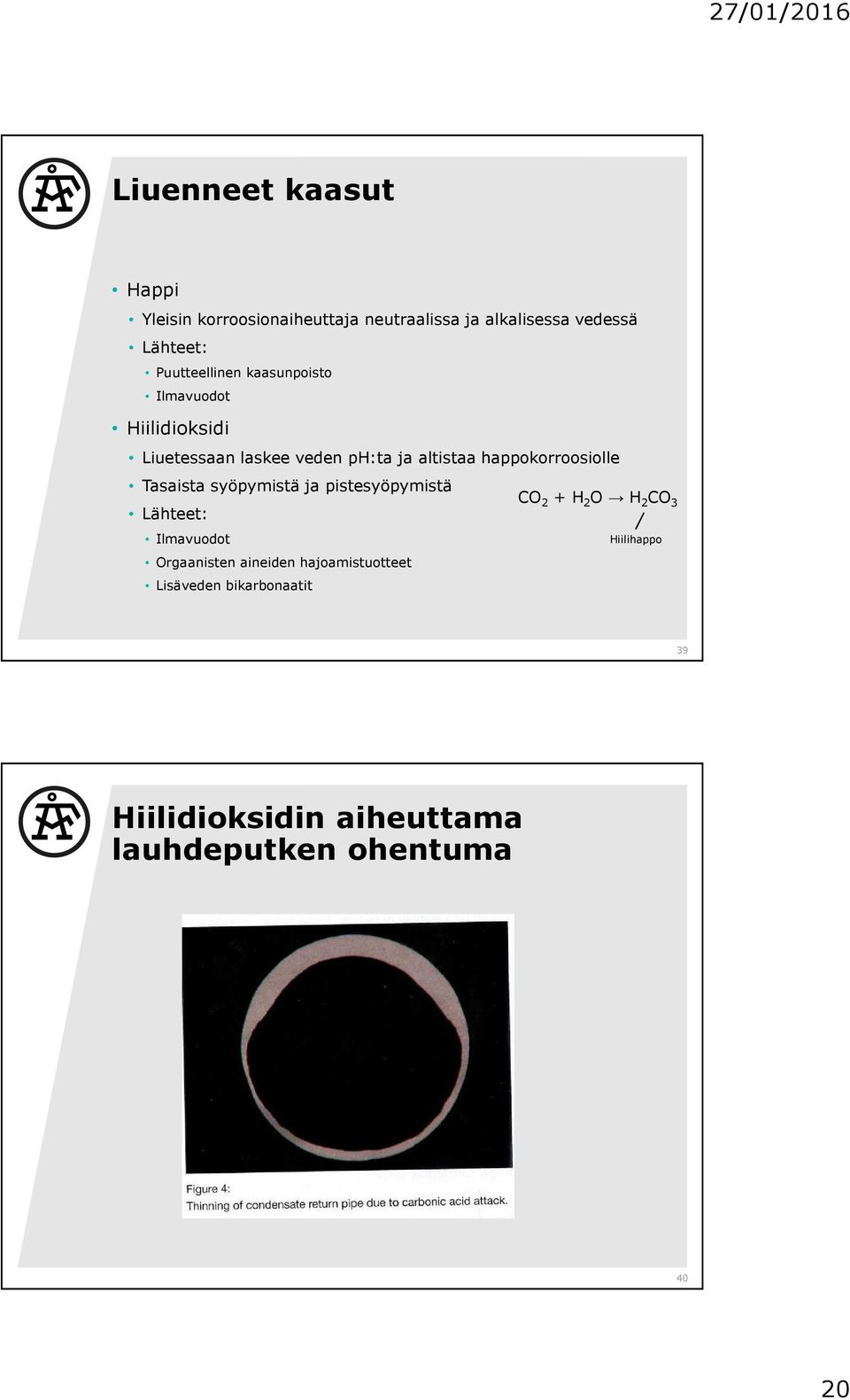 happokorroosiolle Tasaista syöpymistä ja pistesyöpymistä Lähteet: Ilmavuodot Orgaanisten aineiden