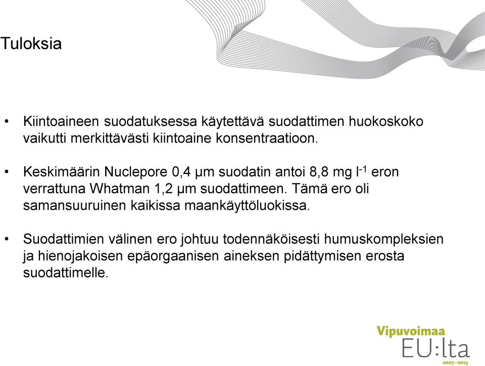 Keskimäärin Nuclepore 0,4 µm suodatin antoi 8,8 mg l -1 eron verrattuna Whatman 1,2 µm suodattimeen.