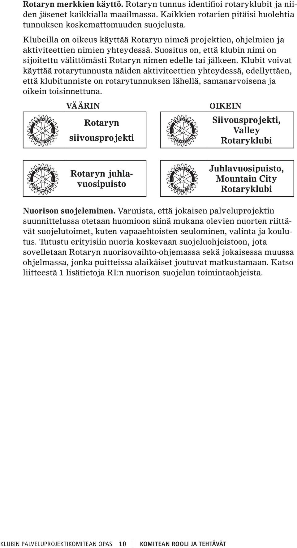 Klubit voivat käyttää rotarytunnusta näiden aktiviteettien yhteydessä, edellyttäen, että klubitunniste on rotarytunnuksen lähellä, samanarvoisena ja oikein toisinnettuna.