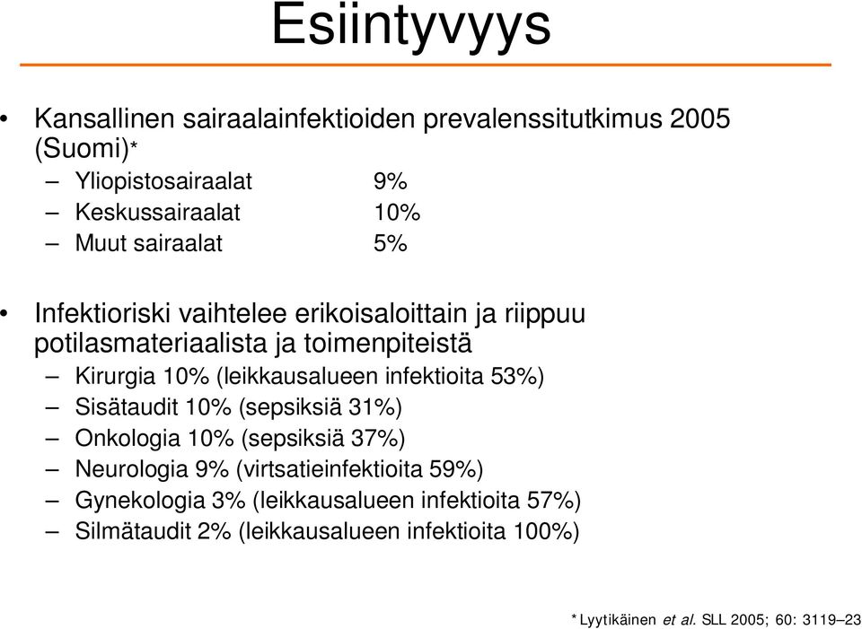 (leikkausalueen infektioita 53%) Sisätaudit 10% (sepsiksiä 31%) Onkologia 10% (sepsiksiä 37%) Neurologia 9%