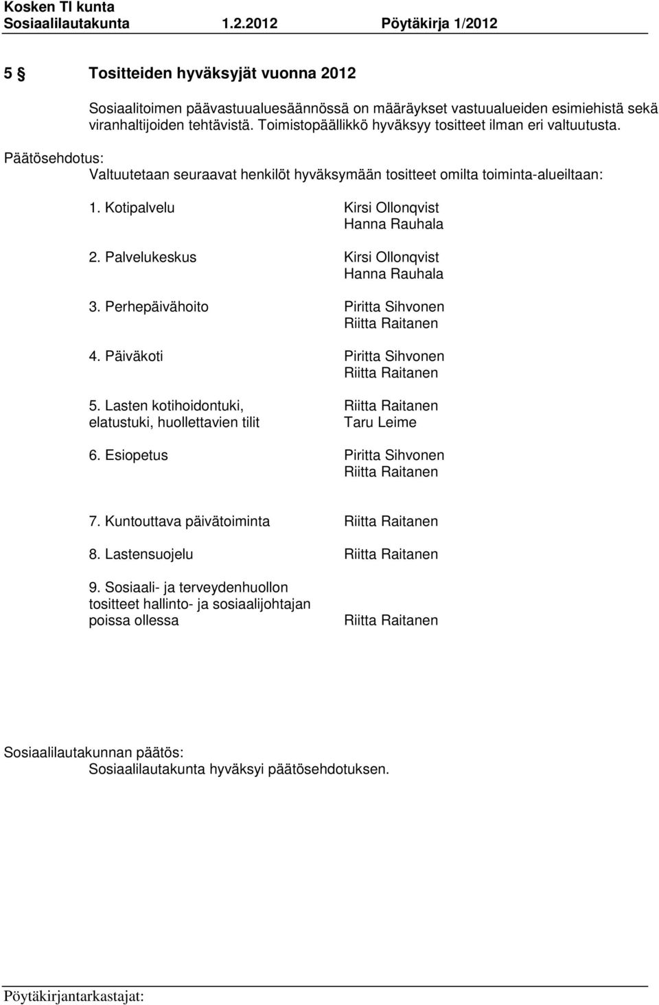 Palvelukeskus Kirsi Ollonqvist Hanna Rauhala 3. Perhepäivähoito Piritta Sihvonen Riitta Raitanen 4. Päiväkoti Piritta Sihvonen Riitta Raitanen 5.