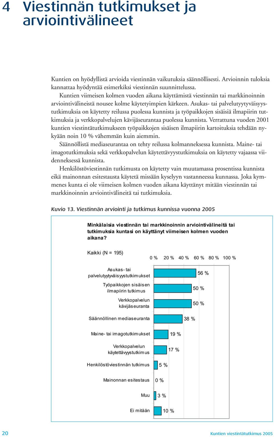 Asukas- tai palvelutyytyväisyystutkimuksia on käytetty reilussa puolessa kunnista ja työpaikkojen sisäisiä ilmapiirin tutkimuksia ja verkkopalvelujen kävijäseurantaa puolessa kunnista.