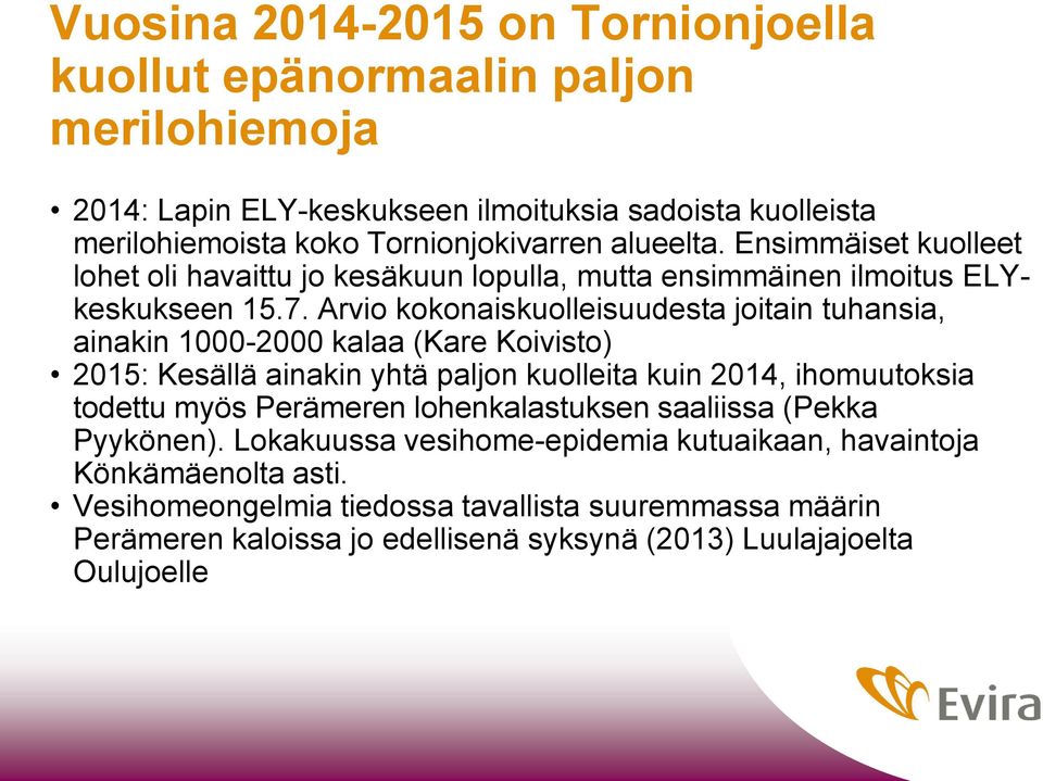 Arvio kokonaiskuolleisuudesta joitain tuhansia, ainakin 1000-2000 kalaa (Kare Koivisto) 2015: Kesällä ainakin yhtä paljon kuolleita kuin 2014, ihomuutoksia todettu myös Perämeren