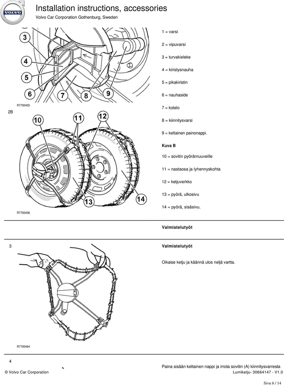 Kuva B 10 = sovitin pyöränruuveille 11 = nastaosa ja lyhennyskohta 12 = ketjuverkko 13 = pyörä, ulkosivu R7700456