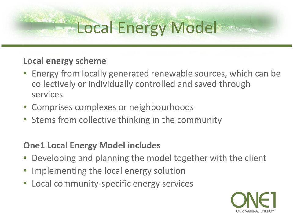 Stems from collective thinking in the community One1 Local Energy Model includes Developing and planning