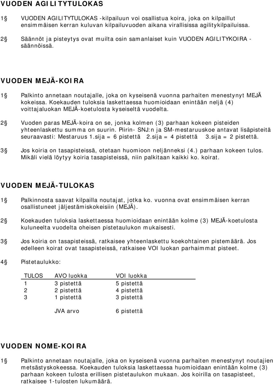 Koekauden tuloksia laskettaessa huomioidaan enintään neljä (4) voittajaluokan MEJÄ-koetulosta kyseiseltä vuodelta.