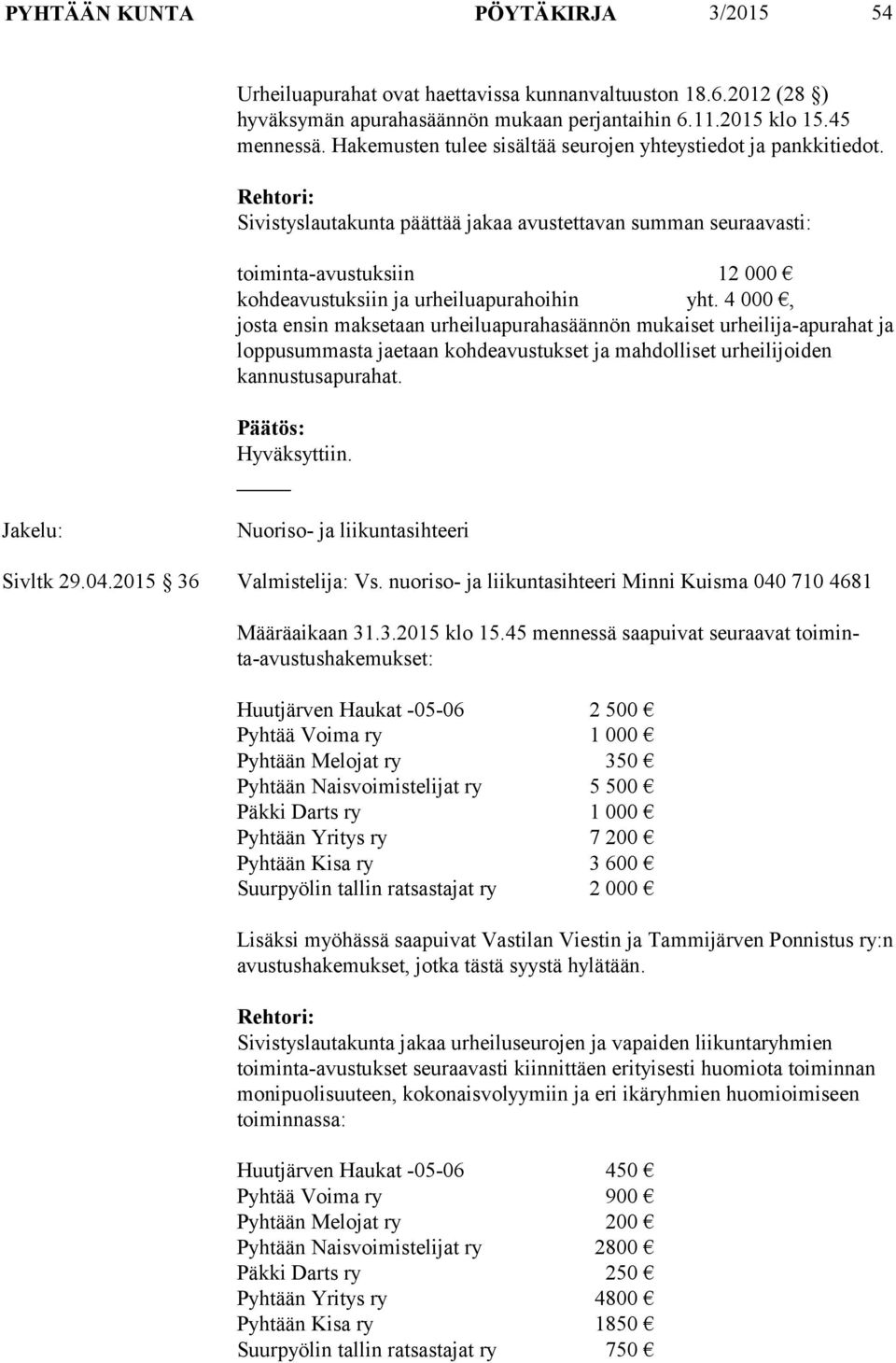 Sivistyslautakunta päättää jakaa avustettavan summan seuraavasti: toiminta-avustuksiin 12 000 kohdeavustuksiin ja urheiluapurahoihin yht.