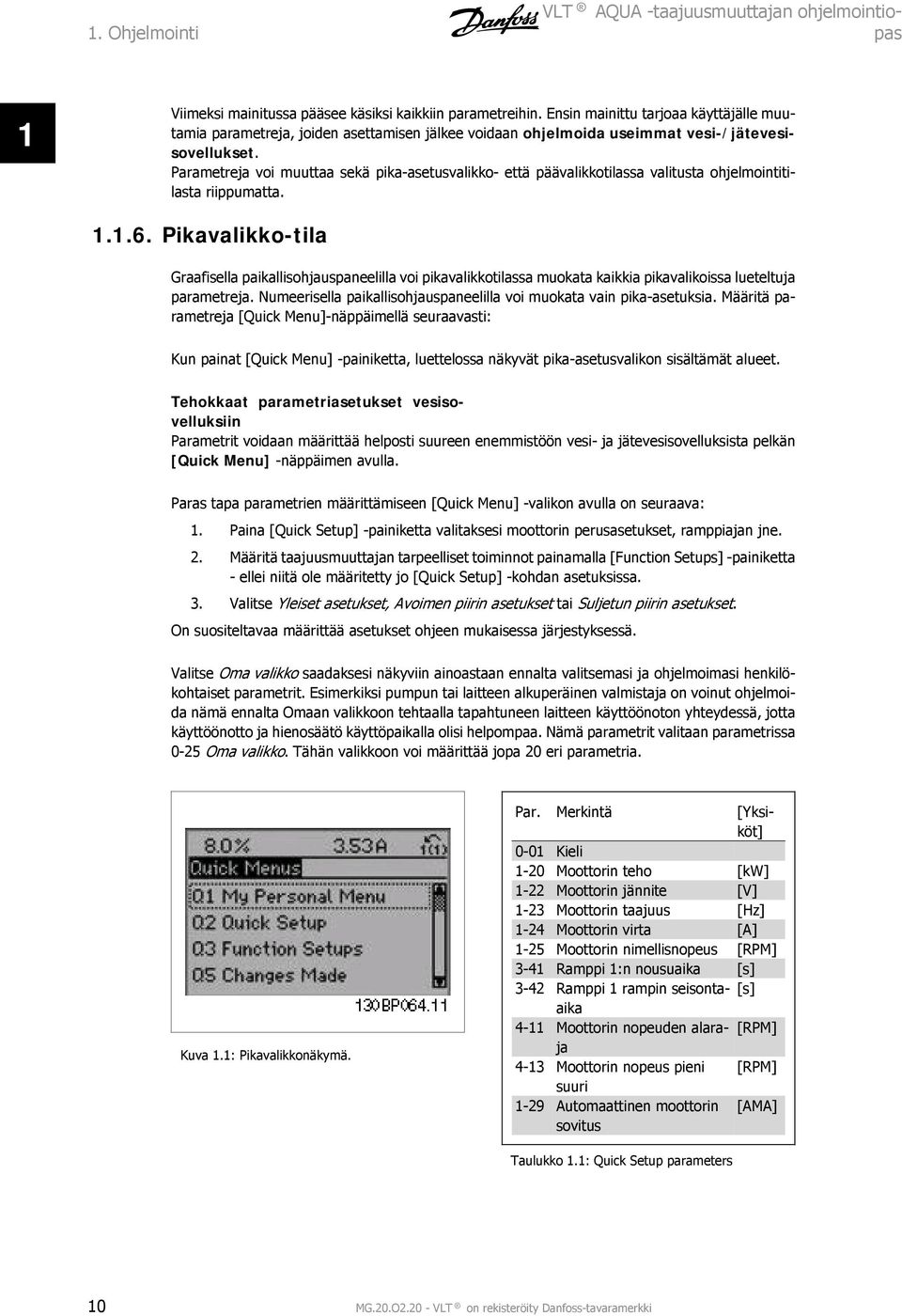 Parametreja voi muuttaa sekä pika-asetusvalikko- että päävalikkotilassa valitusta ohjelmointitilasta riippumatta. 1.1.6.