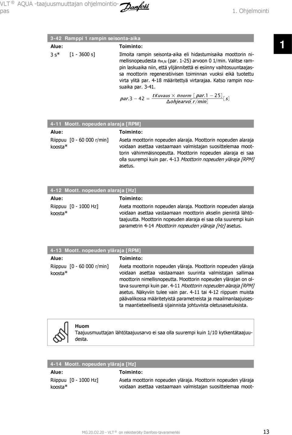 4-18 määritettyä virtarajaa. Katso rampin nousuaika par. 3-41. par.3 4 = tkuvaus nnorm par.1 5 Δohjearvo r/min s 1 4-11 Moott.