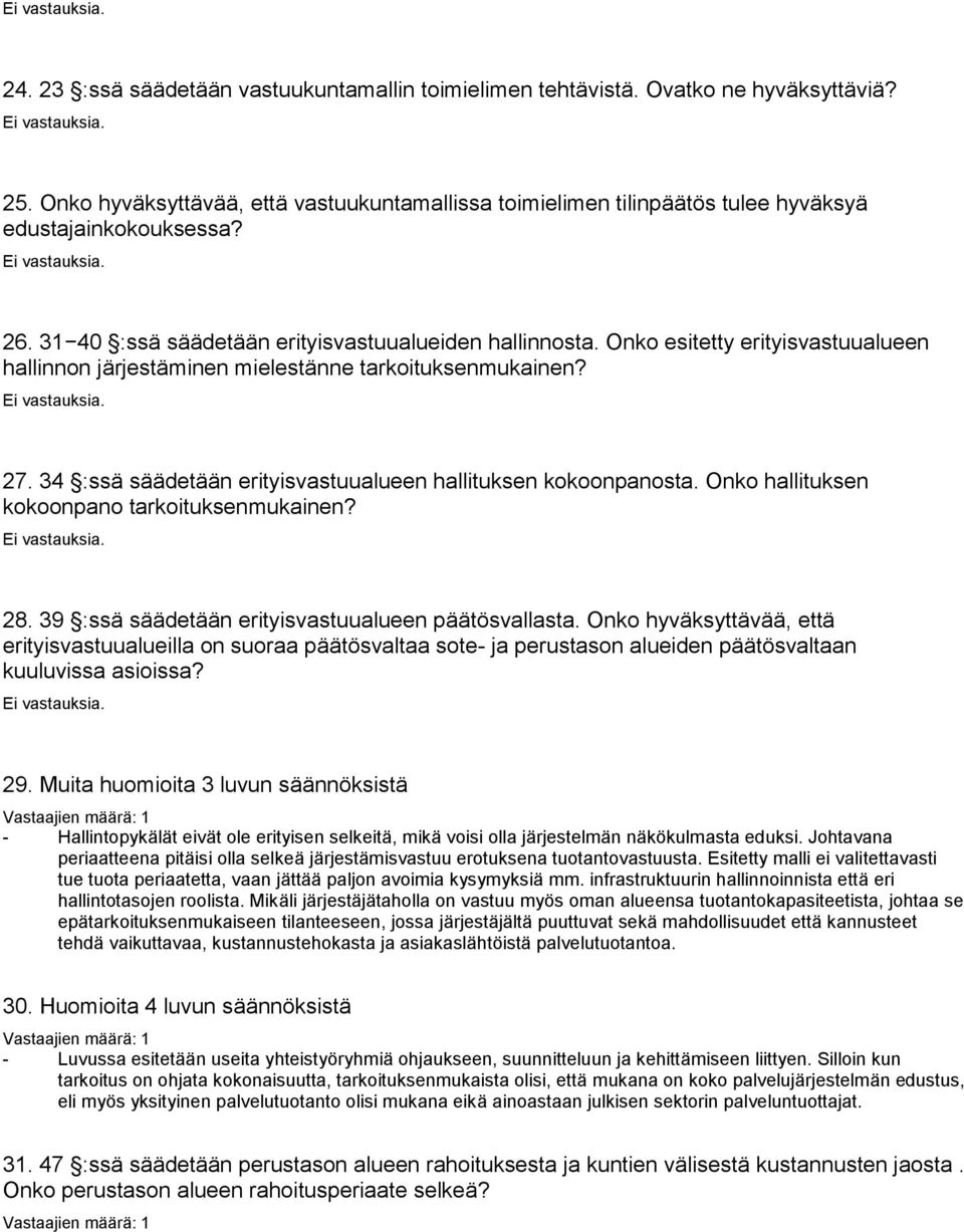 34 :ssä säädetään erityisvastuualueen hallituksen kokoonpanosta. Onko hallituksen kokoonpano tarkoituksenmukainen? 28. 39 :ssä säädetään erityisvastuualueen päätösvallasta.