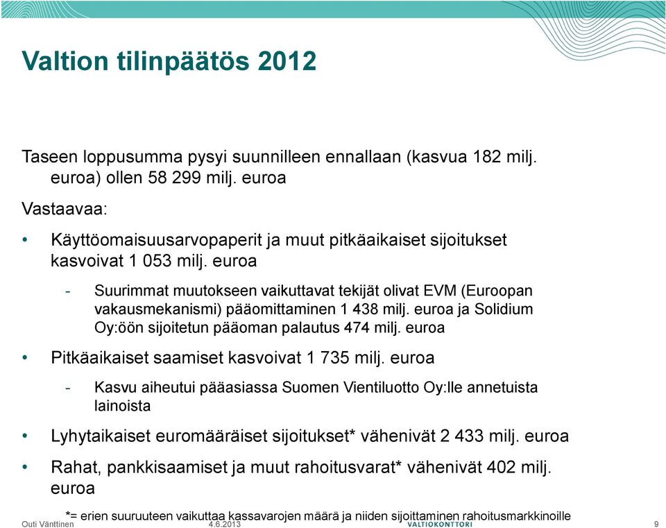 euroa - Suurimmat muutokseen vaikuttavat tekijät olivat EVM (Euroopan vakausmekanismi) pääomittaminen 1 438 milj. euroa ja Solidium Oy:öön sijoitetun pääoman palautus 474 milj.