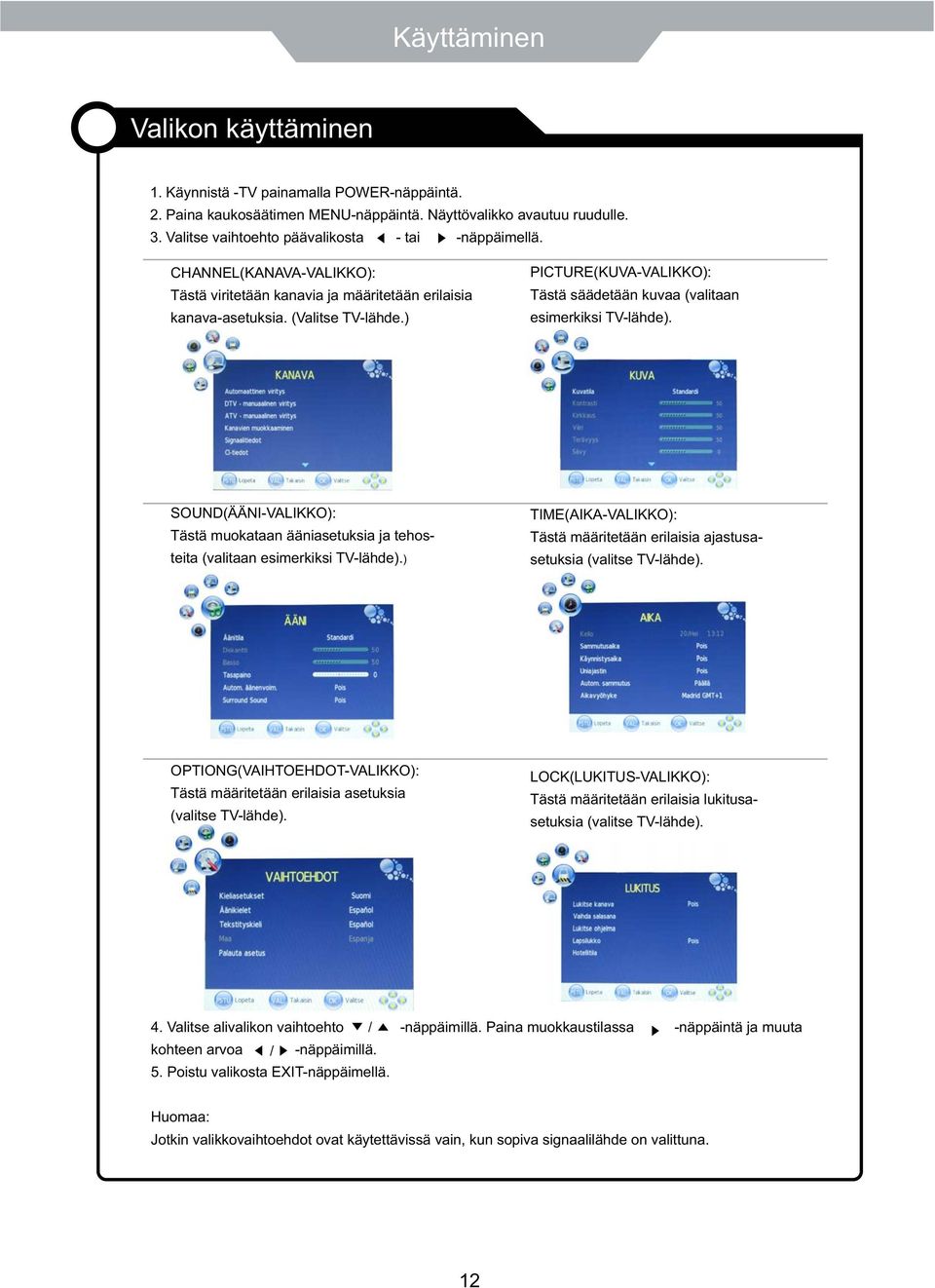 ) PICTURE(KUVA-VALIKKO): Tästä säädetään kuvaa (valitaan esimerkiksi TV-lähde). SOUND(ÄÄNI-VALIKKO): Tästä muokataan ääniasetuksia ja tehosteita (valitaan esimerkiksi TV-lähde).