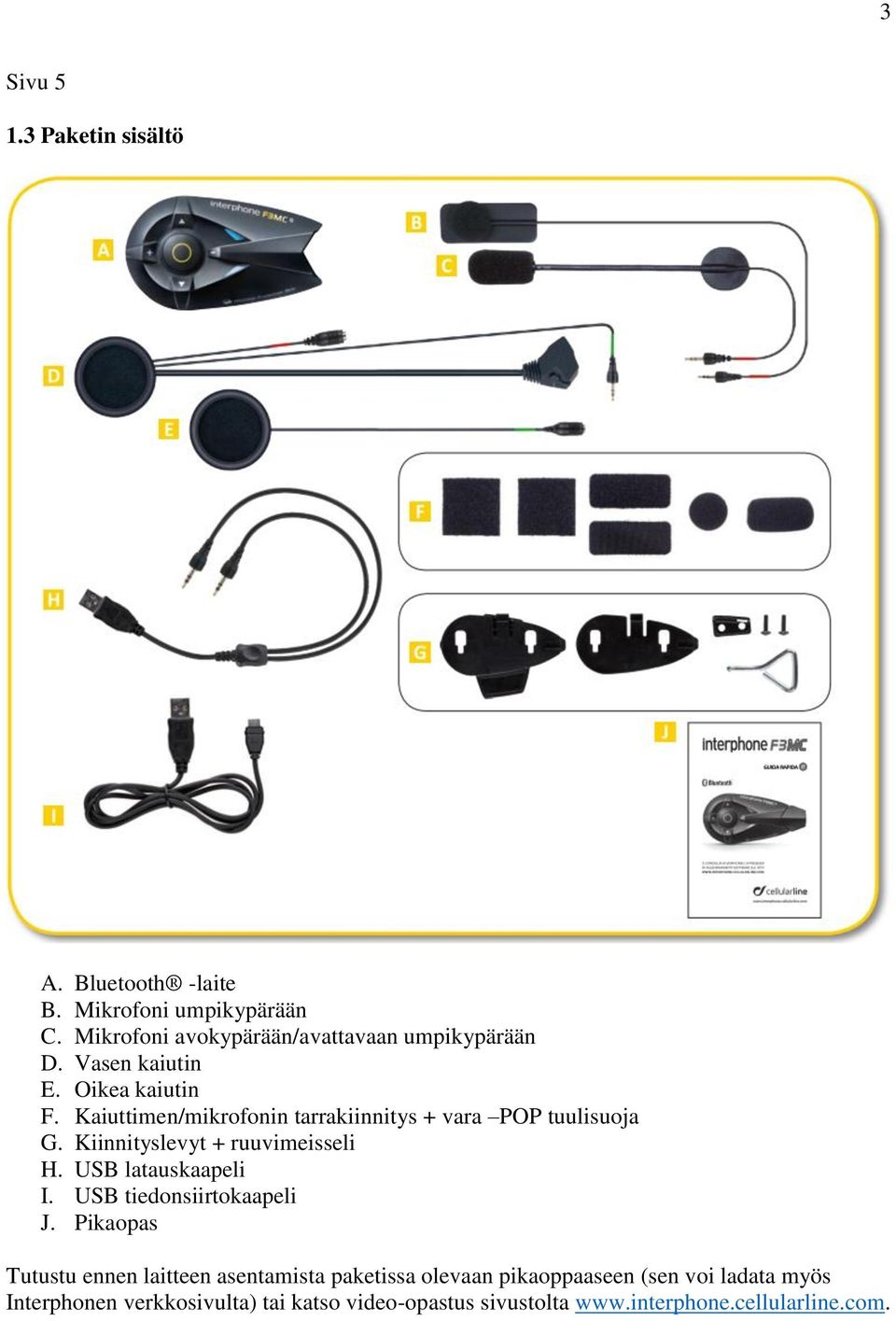 Kaiuttimen/mikrofonin tarrakiinnitys + vara POP tuulisuoja G. Kiinnityslevyt + ruuvimeisseli H. USB latauskaapeli I.