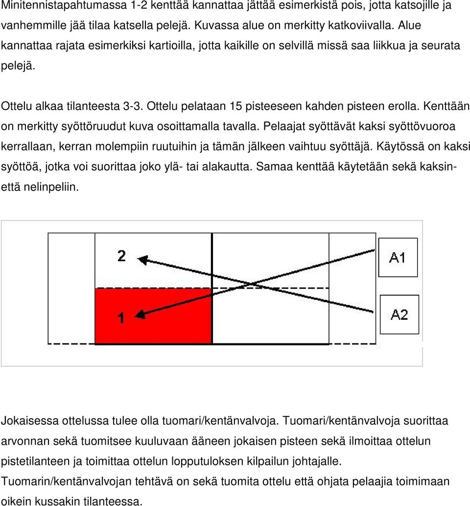 Kenttään on merkitty syöttöruudut kuva osoittamalla tavalla. Pelaajat syöttävät kaksi syöttövuoroa kerrallaan, kerran molempiin ruutuihin ja tämän jälkeen vaihtuu syöttäjä.