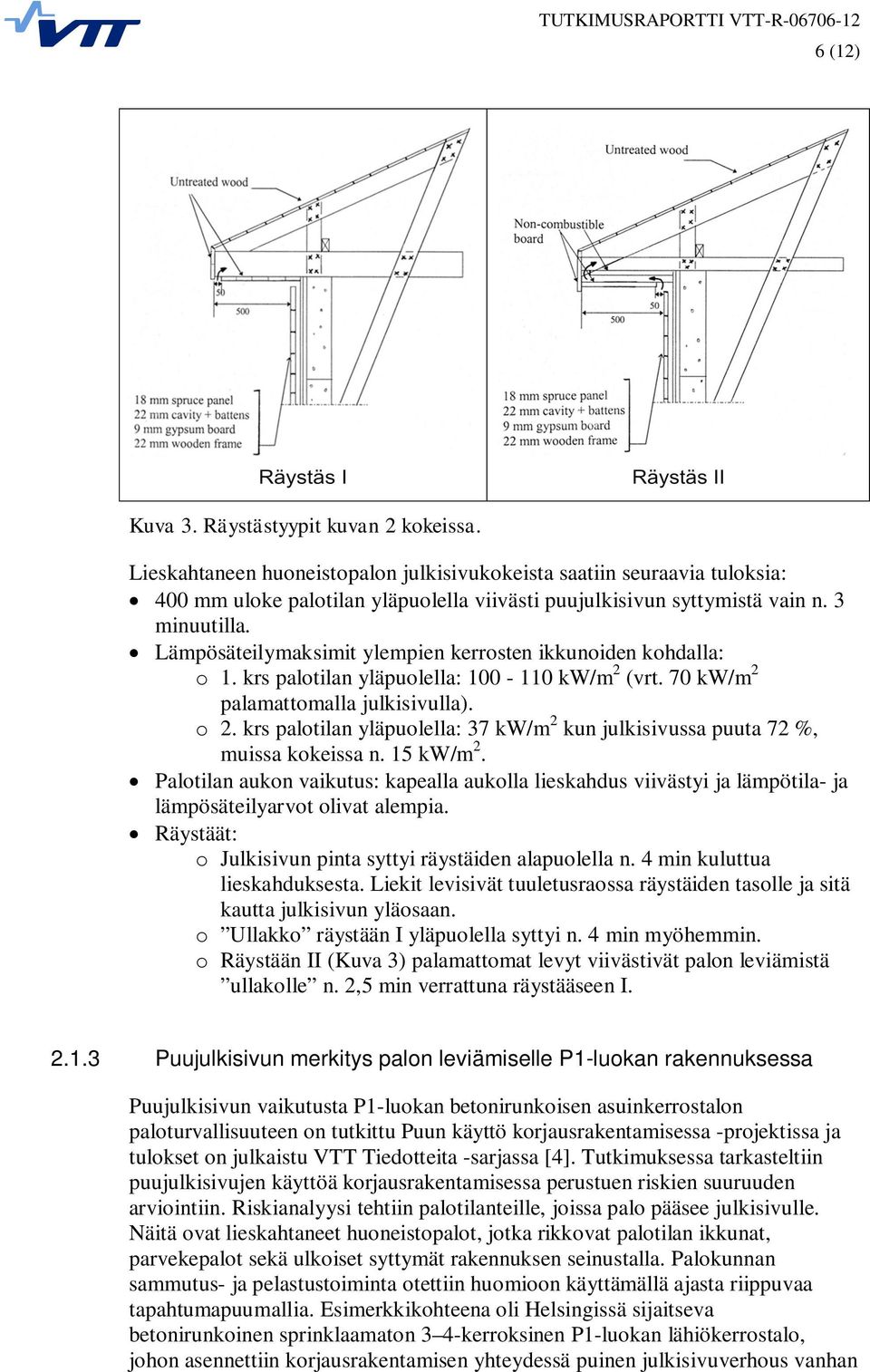 krs palotilan yläpuolella: 37 kw/m 2 kun julkisivussa puuta 72 %, muissa kokeissa n. 15 kw/m 2.