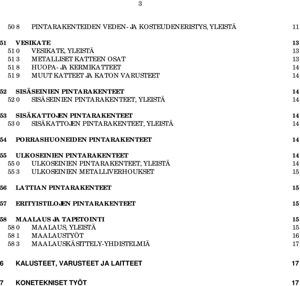 PORRASHUONEIDEN PINTARAKENTEET 14 55 ULKOSEINIEN PINTARAKENTEET 14 55 0 ULKOSEINIEN PINTARAKENTEET, YLEISTÄ 14 55 3 ULKOSEINIEN METALLIVERHOUKSET 15 56 LATTIAN PINTARAKENTEET 15 57