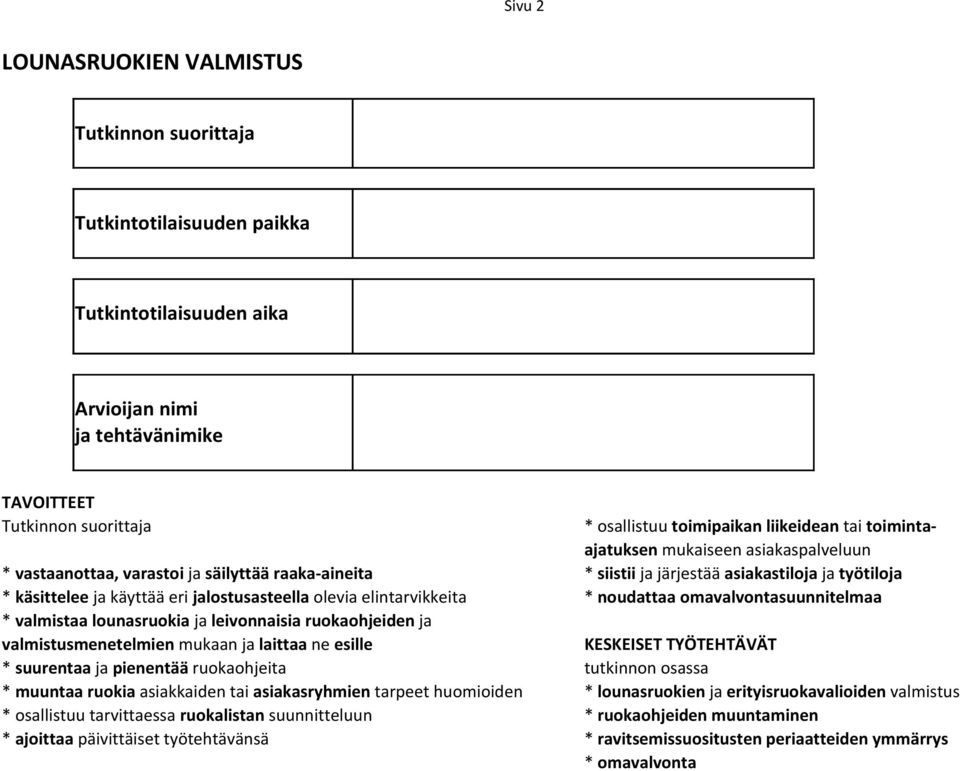 jalostusasteella olevia elintarvikkeita * noudattaa omavalvontasuunnitelmaa * valmistaa lounasruokia ja leivonnaisia ruokaohjeiden ja valmistusmenetelmien mukaan ja laittaa ne esille * suurentaa ja