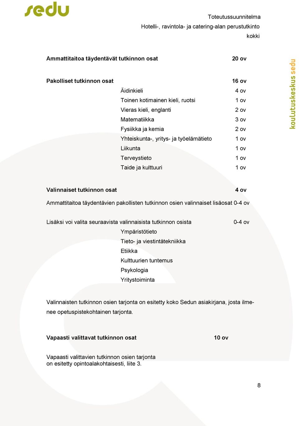 valinnaiset lisäosat 0-4 ov Lisäksi voi valita seuraavista valinnaisista tutkinnon osista Ympäristötieto Tieto- ja viestintätekniikka Etiikka Kulttuurien tuntemus Psykologia Yritystoiminta 0-4 ov