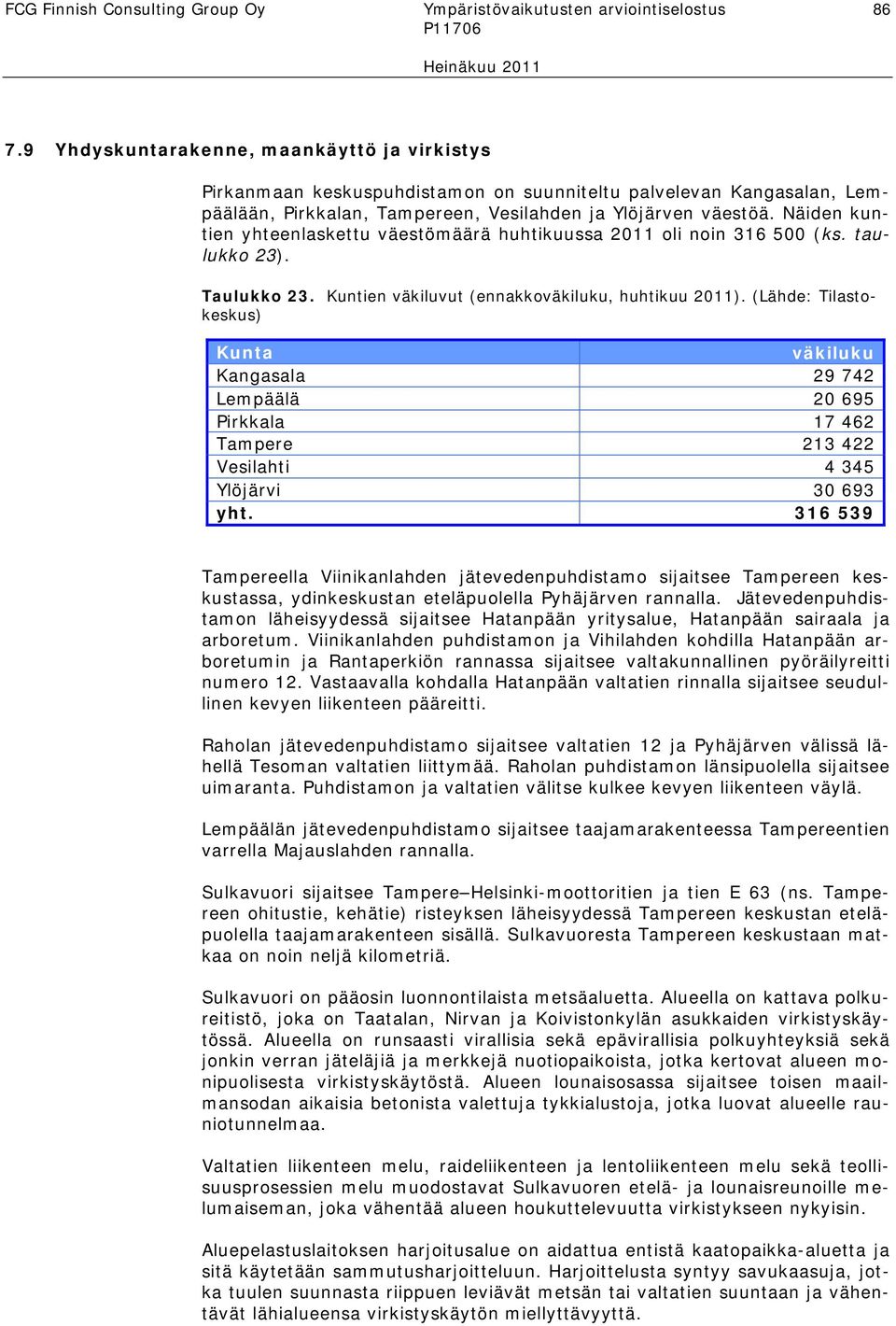 Näiden kuntien yhteenlaskettu väestömäärä huhtikuussa 2011 oli noin 316 500 (ks. taulukko 23). Taulukko 23. Kuntien väkiluvut (ennakkoväkiluku, huhtikuu 2011).