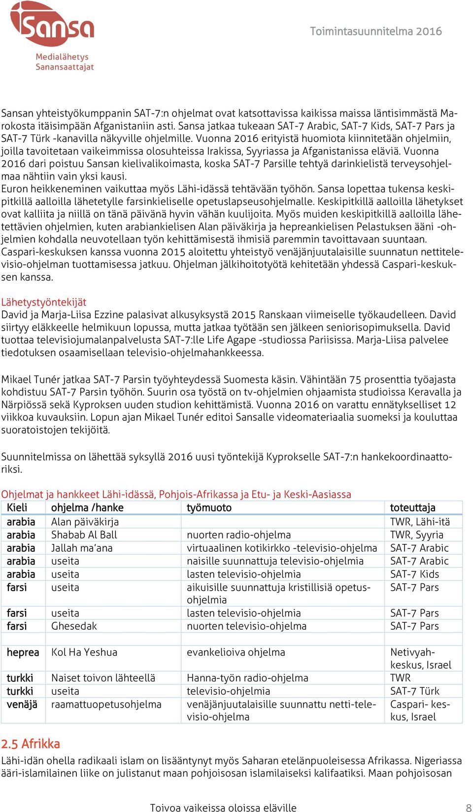 Vuonna 2016 erityistä huomiota kiinnitetään ohjelmiin, joilla tavoitetaan vaikeimmissa olosuhteissa Irakissa, Syyriassa ja Afganistanissa eläviä.
