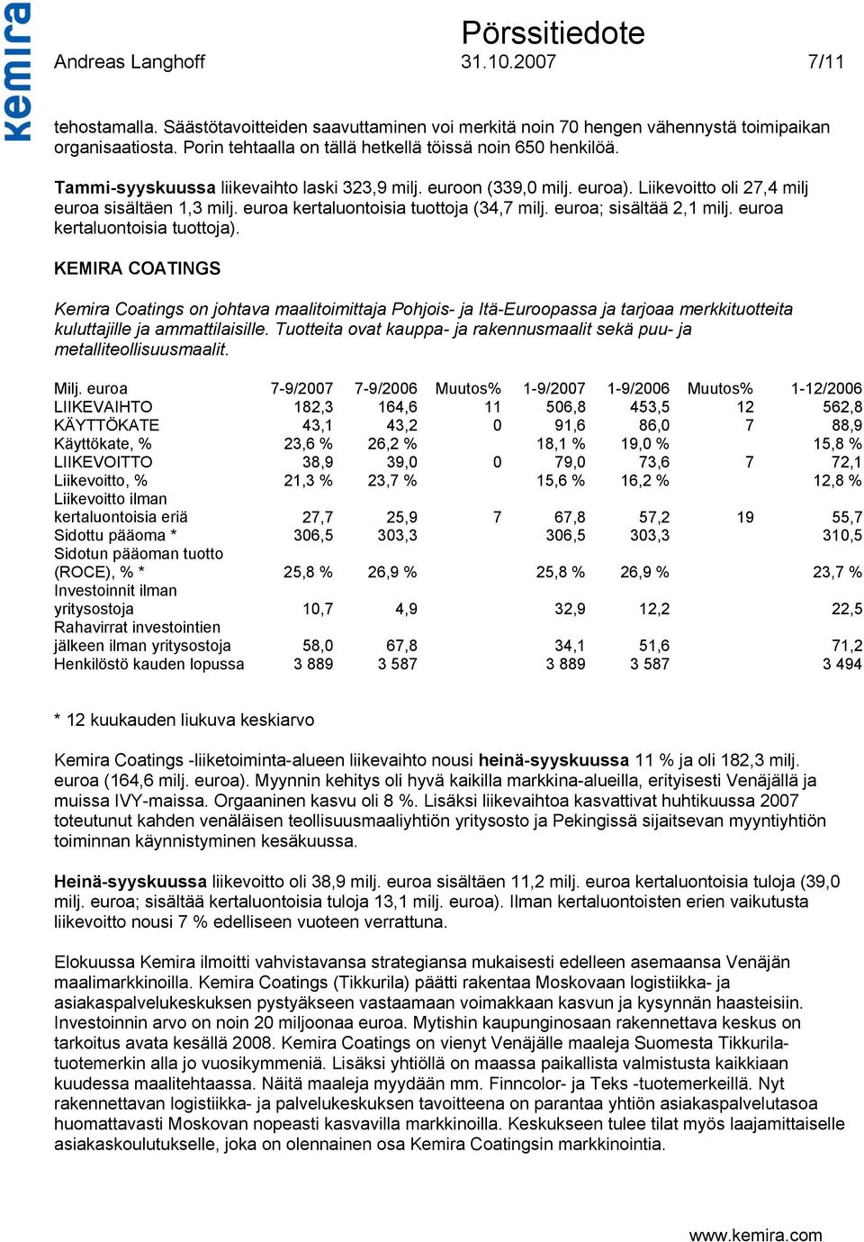 euroa kertaluontoisia tuottoja (34,7 milj. euroa; sisältää 2,1 milj. euroa kertaluontoisia tuottoja).