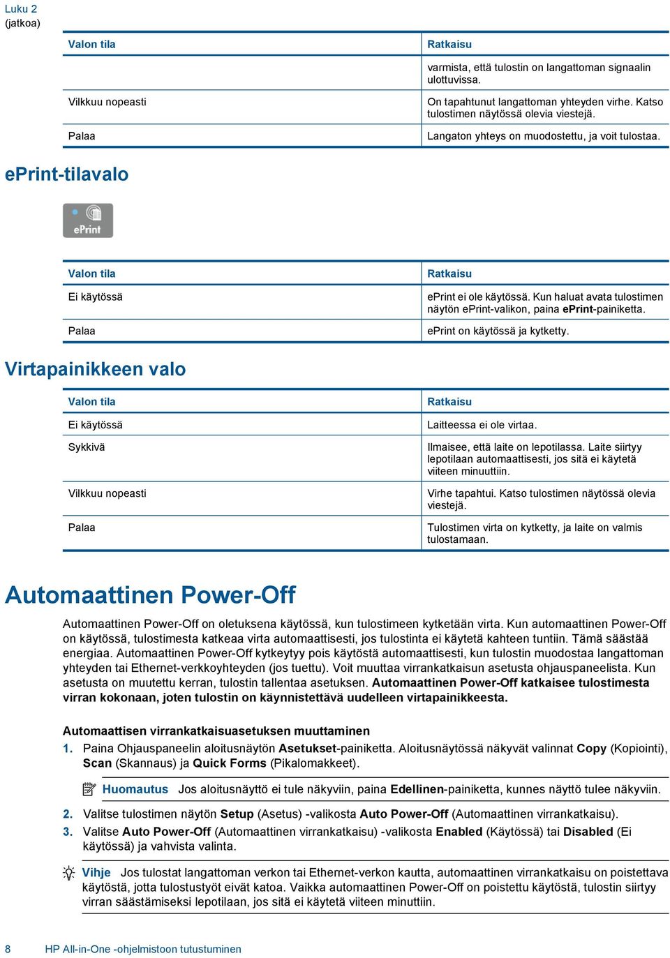 Kun haluat avata tulostimen näytön eprint-valikon, paina eprint-painiketta. eprint on käytössä ja kytketty.