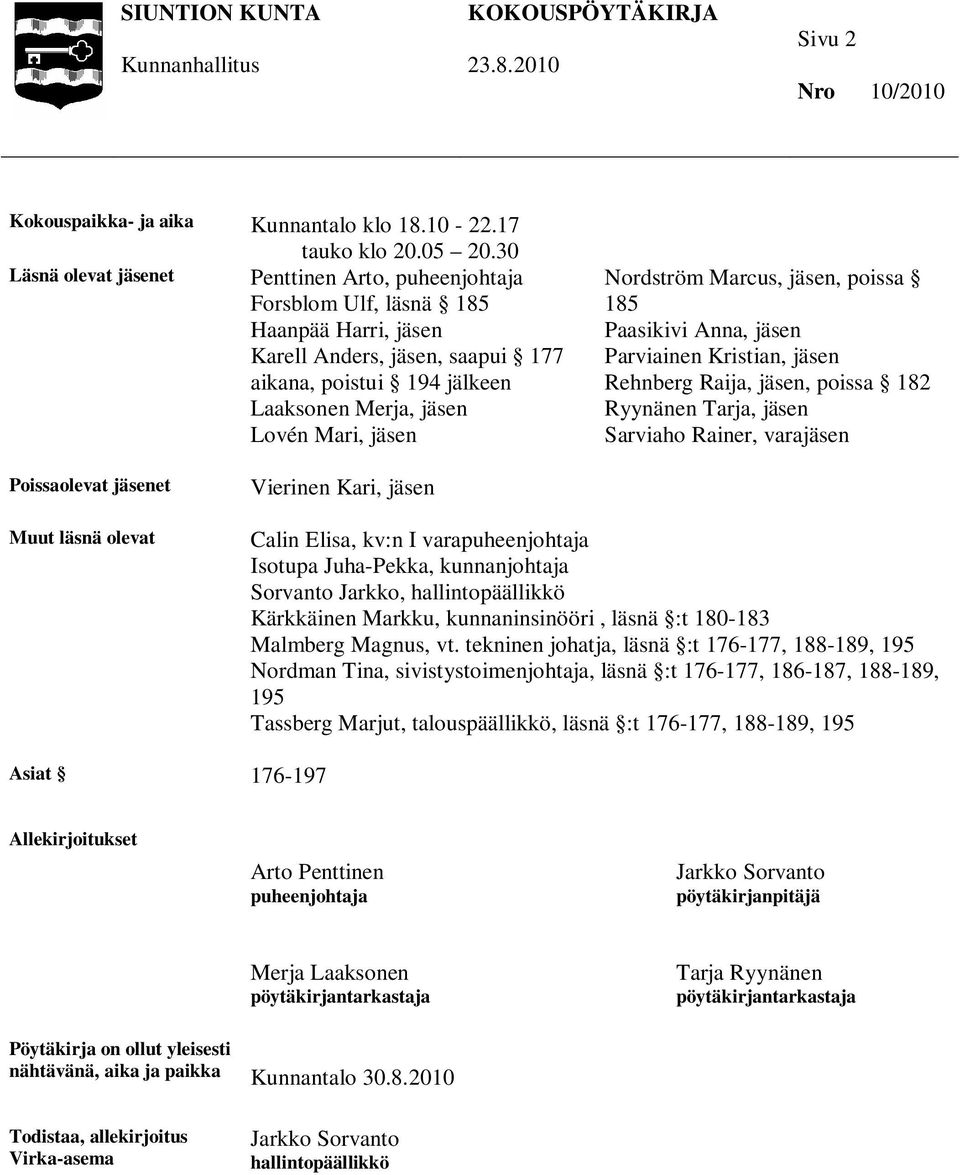 jäsen Nordström Marcus, jäsen, poissa 185 Paasikivi Anna, jäsen Parviainen Kristian, jäsen Rehnberg Raija, jäsen, poissa 182 Ryynänen Tarja, jäsen Sarviaho Rainer, varajäsen Poissaolevat jäsenet Muut