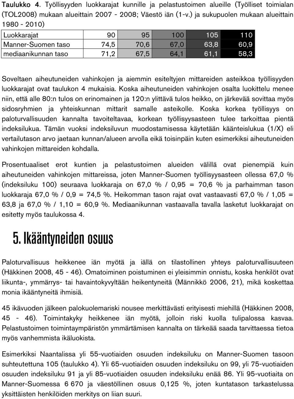ja aiemmin esiteltyjen mittareiden asteikkoa työllisyyden luokkarajat ovat taulukon 4 mukaisia.