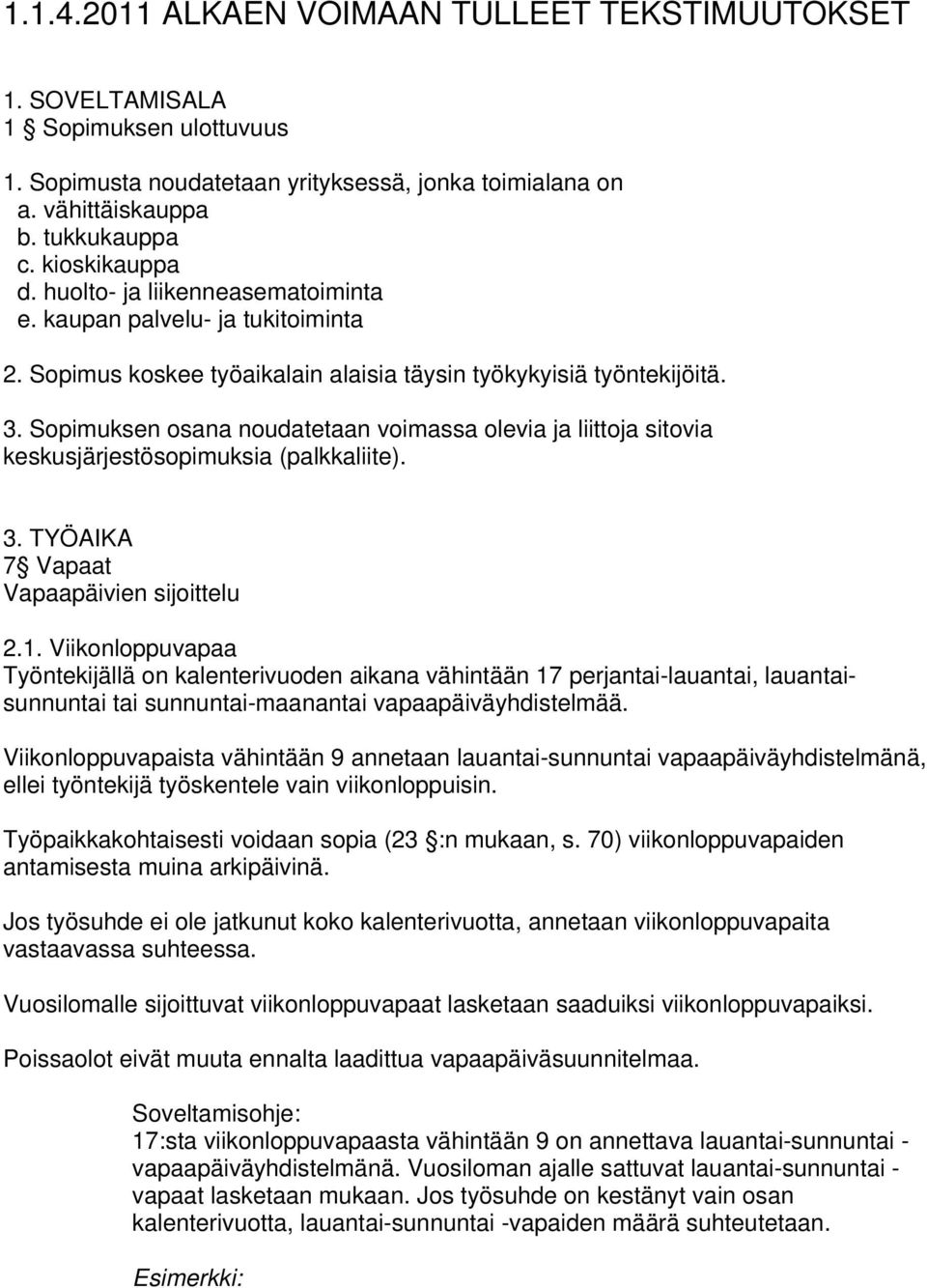 Sopimuksen osana noudatetaan voimassa olevia ja liittoja sitovia keskusjärjestösopimuksia (palkkaliite). 3. TYÖAIKA 7 Vapaat Vapaapäivien sijoittelu 2.1.