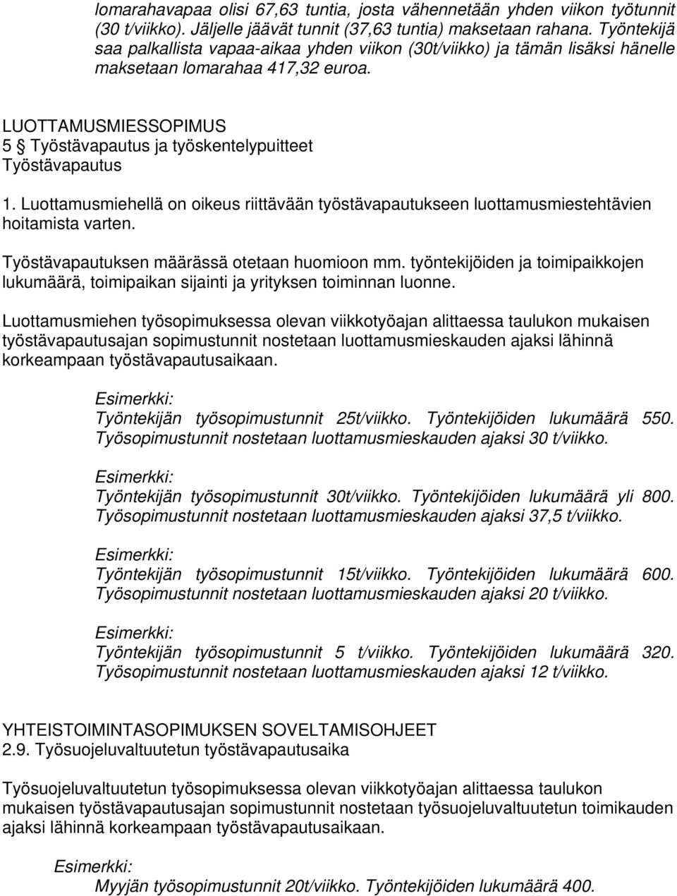 LUOTTAMUSMIESSOPIMUS 5 Työstävapautus ja työskentelypuitteet Työstävapautus 1. Luottamusmiehellä on oikeus riittävään työstävapautukseen luottamusmiestehtävien hoitamista varten.