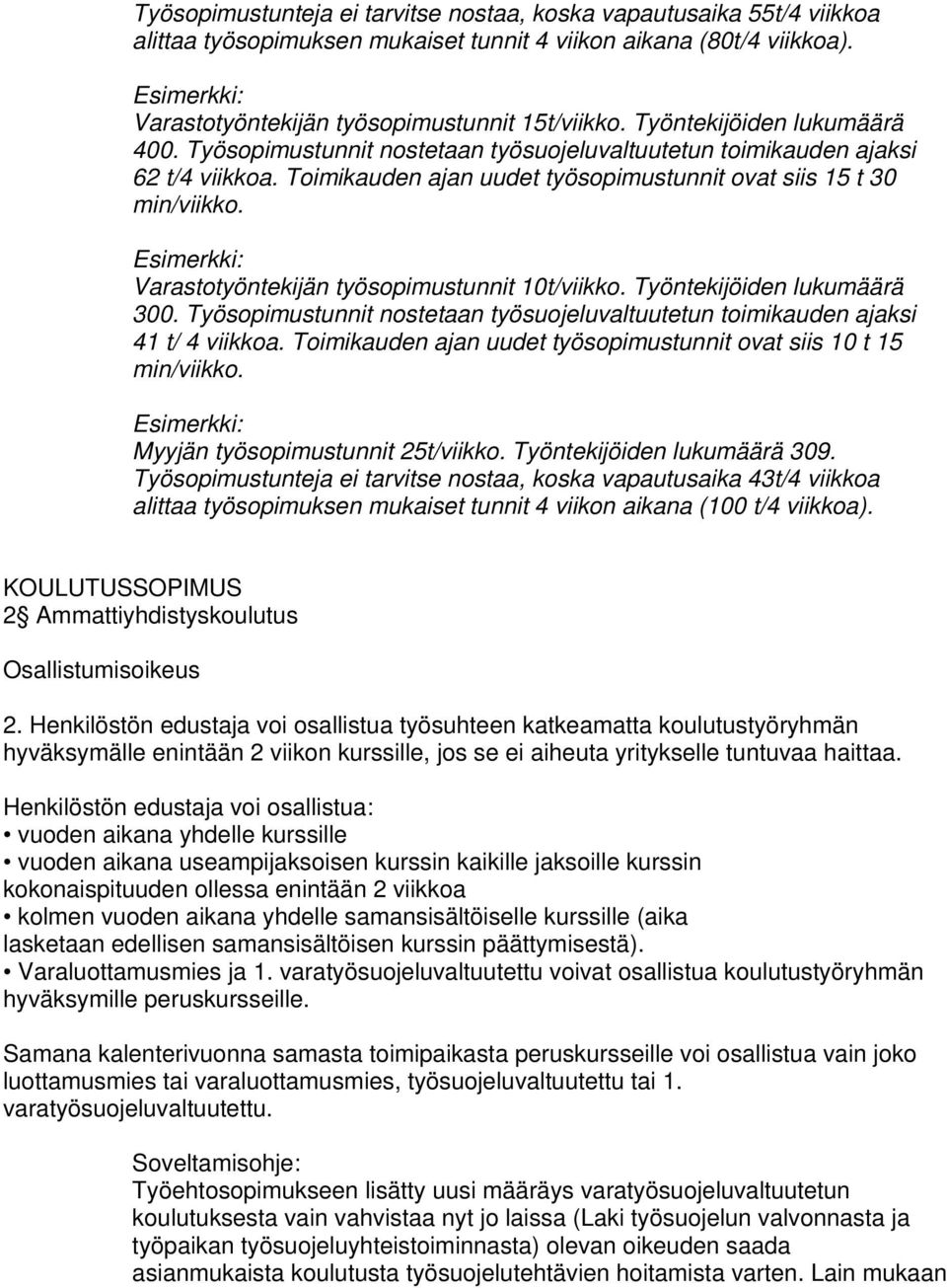 Varastotyöntekijän työsopimustunnit 10t/viikko. Työntekijöiden lukumäärä 300. Työsopimustunnit nostetaan työsuojeluvaltuutetun toimikauden ajaksi 41 t/ 4 viikkoa.