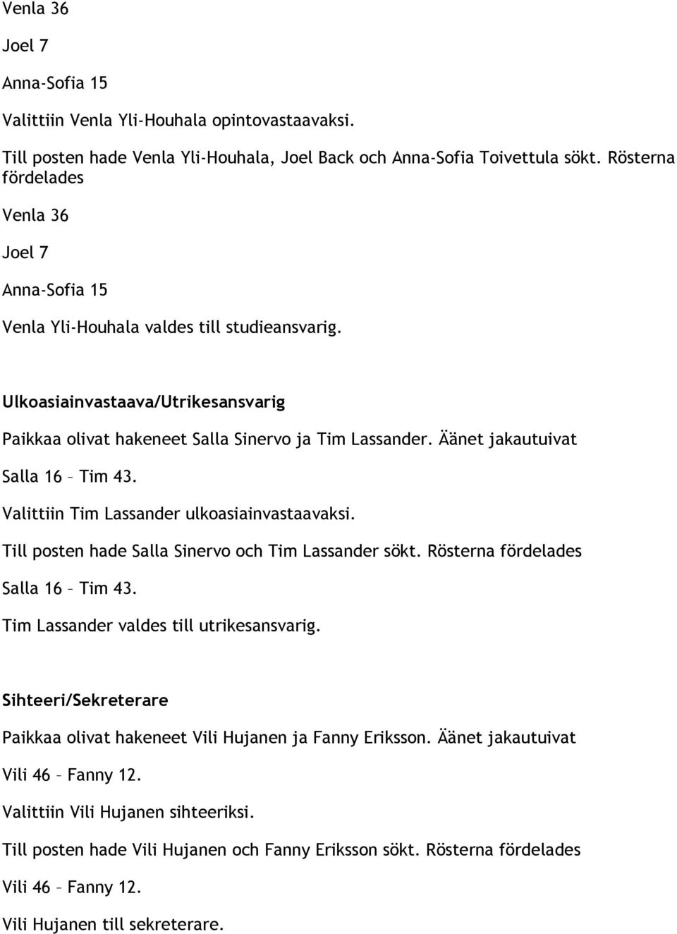 Äänet jakautuivat Salla 16 Tim 43. Valittiin Tim Lassander ulkoasiainvastaavaksi. Till posten hade Salla Sinervo och Tim Lassander sökt. Rösterna Salla 16 Tim 43.