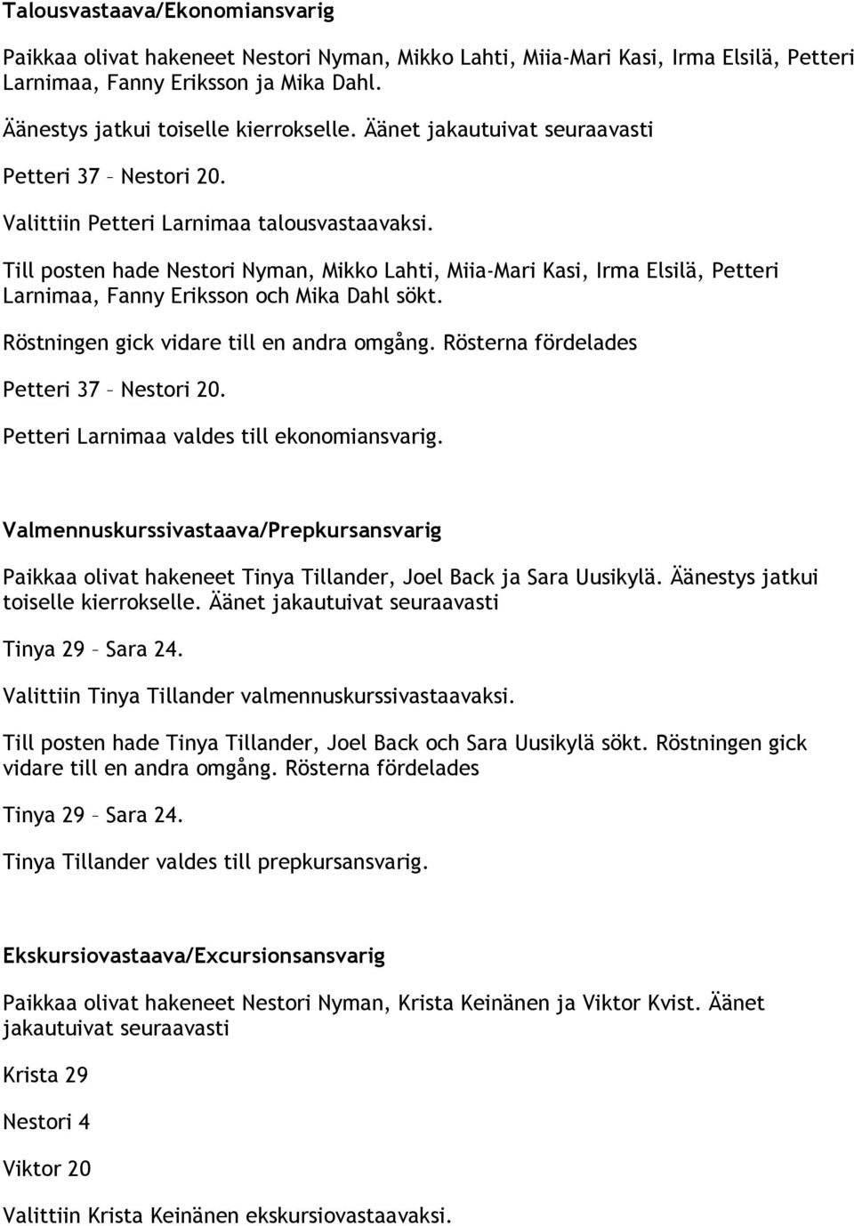 Till posten hade Nestori Nyman, Mikko Lahti, Miia-Mari Kasi, Irma Elsilä, Petteri Larnimaa, Fanny Eriksson och Mika Dahl sökt. Röstningen gick vidare till en andra omgång.