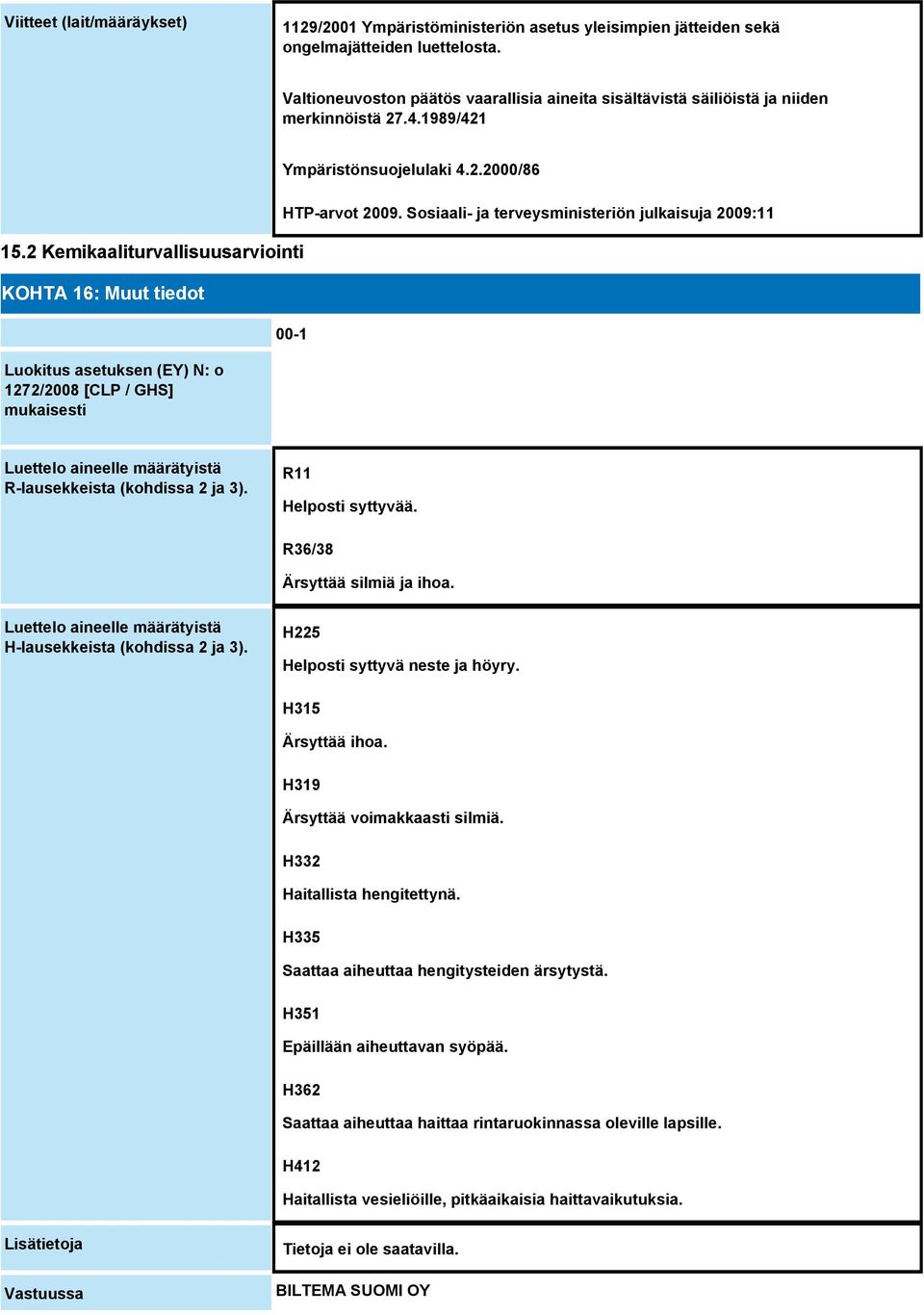 2 Kemikaaliturvallisuusarviointi KOHTA 16: Muut tiedot Luokitus asetuksen (EY) N: o 1272/2008 [CLP / GHS] mukaisesti Ympäristönsuojelulaki 4.2.2000/86 HTP-arvot 2009.