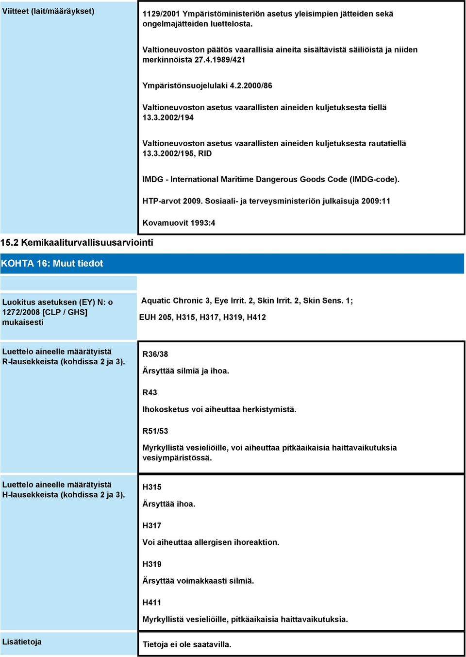 3.2002/194 Valtioneuvoston asetus vaarallisten aineiden kuljetuksesta rautatiellä 13.3.2002/195, RID IMDG - International Maritime Dangerous Goods Code (IMDG-code). HTP-arvot 2009.