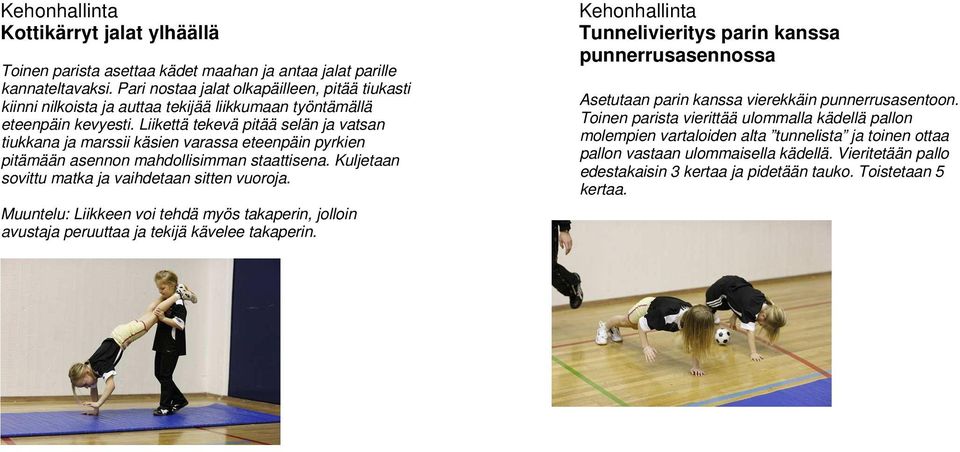 Liikettä tekevä pitää selän ja vatsan tiukkana ja marssii käsien varassa eteenpäin pyrkien pitämään asennon mahdollisimman staattisena. Kuljetaan sovittu matka ja vaihdetaan sitten vuoroja.